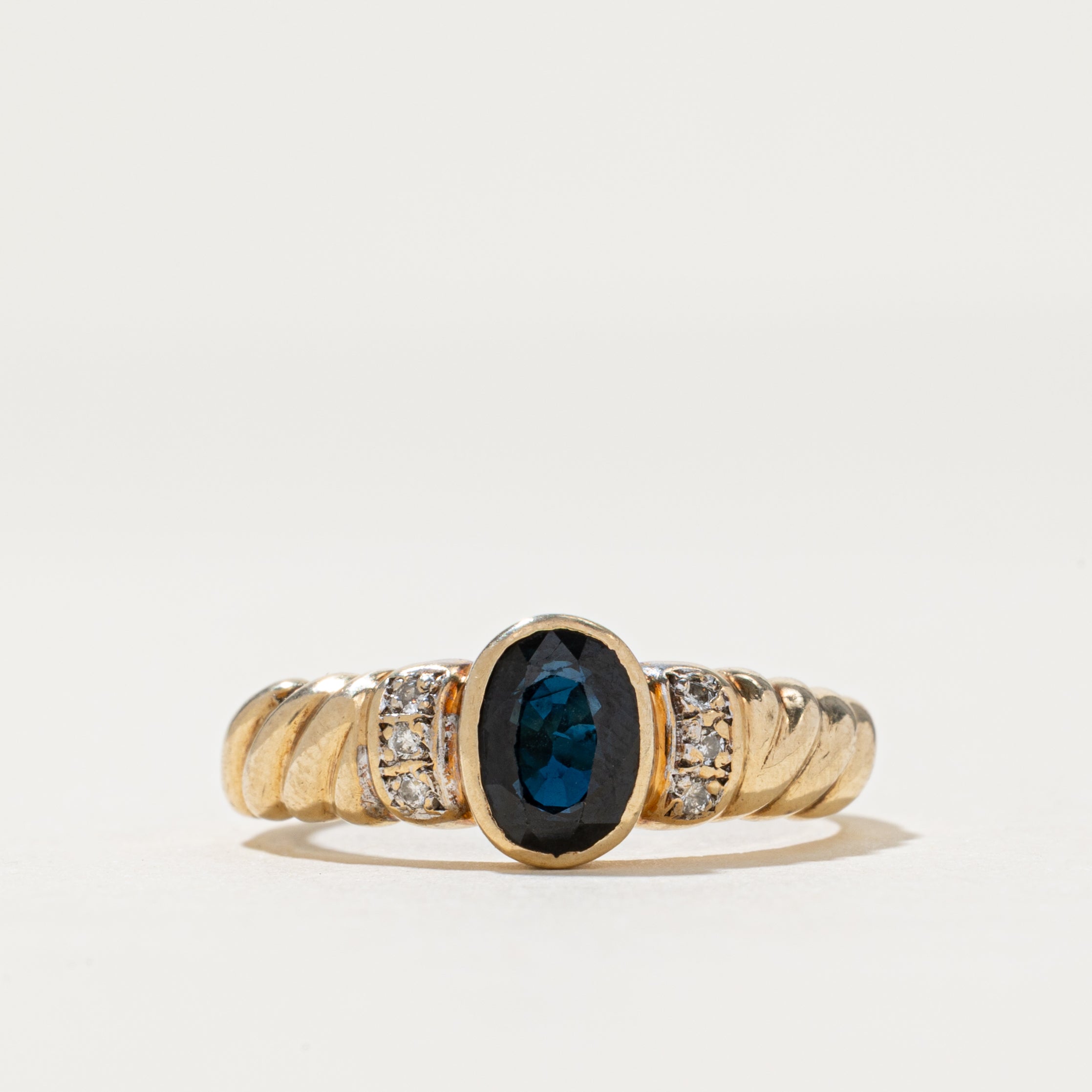 Bezel Set Sapphire & Diamond Grooved Ring | 0.83ct, 0.03ctw | SZ 7.75