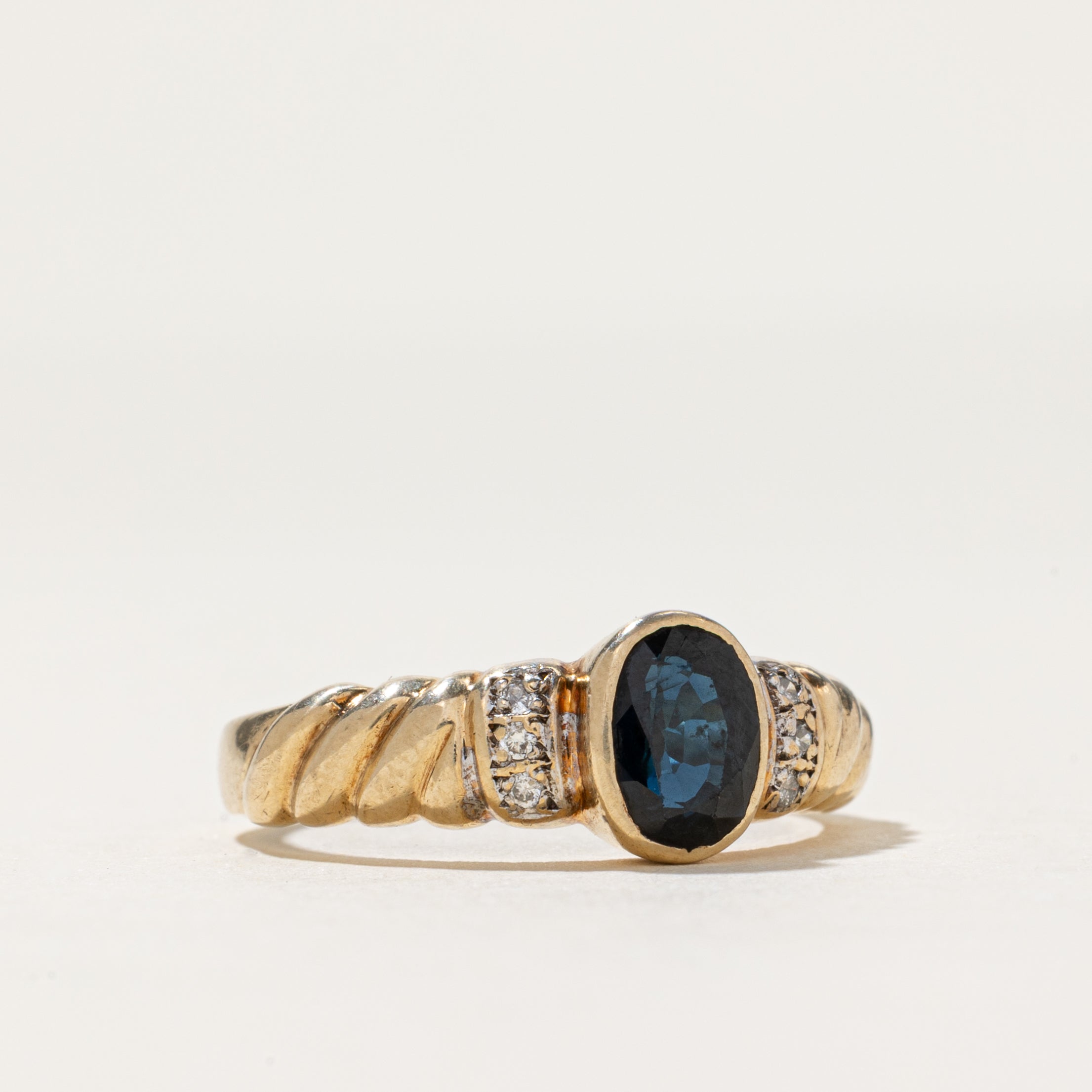 Bezel Set Sapphire & Diamond Grooved Ring | 0.83ct, 0.03ctw | SZ 7.75