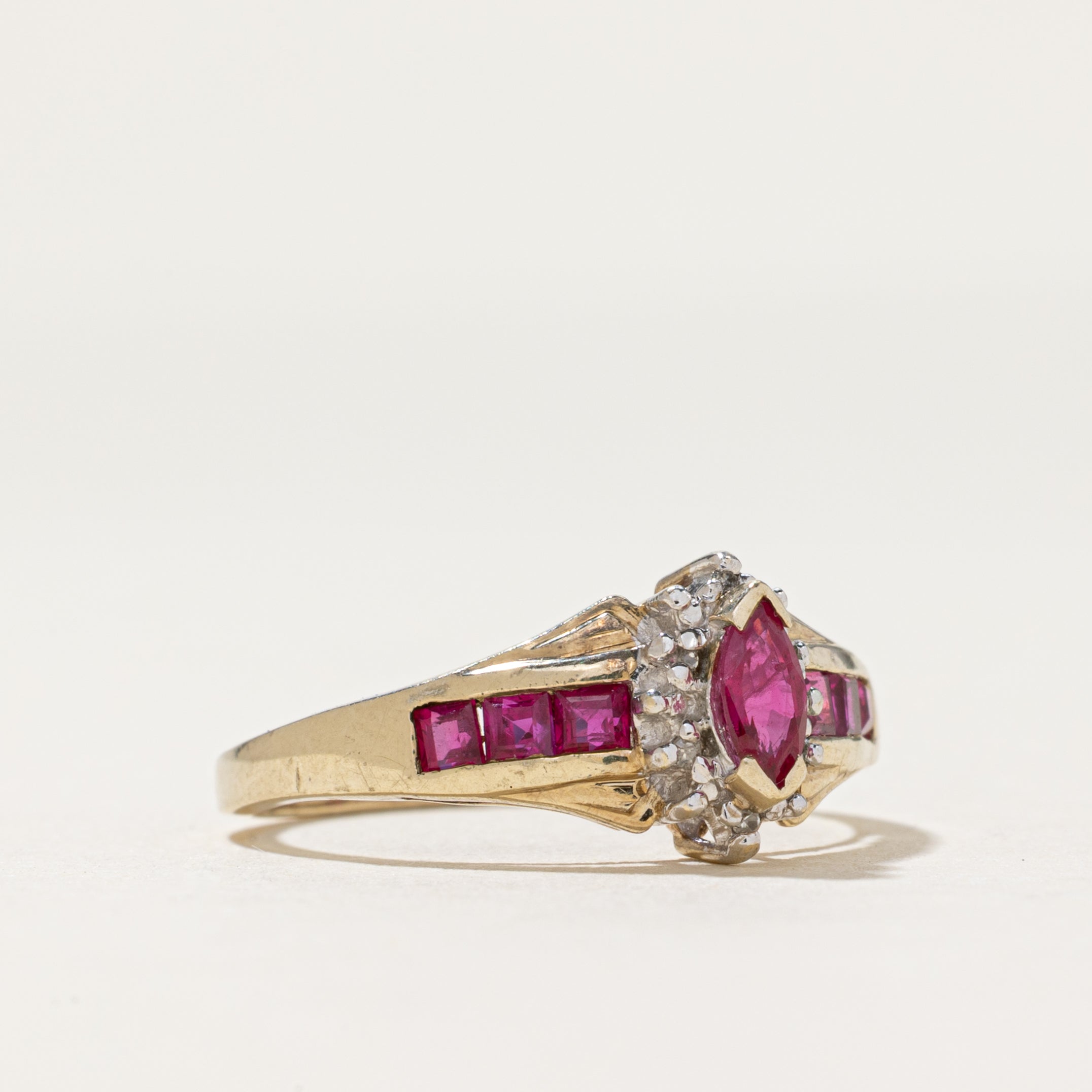 Marquise Cut Ruby & Diamond Ring | 0.56ctw, 0.03ctw | SZ 7