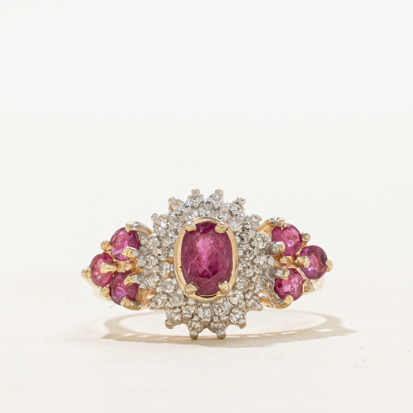 Oval Cut Ruby & Diamond Cluster Cocktail Ring | 1.34ctw, 0.18ctw | SZ 7.75