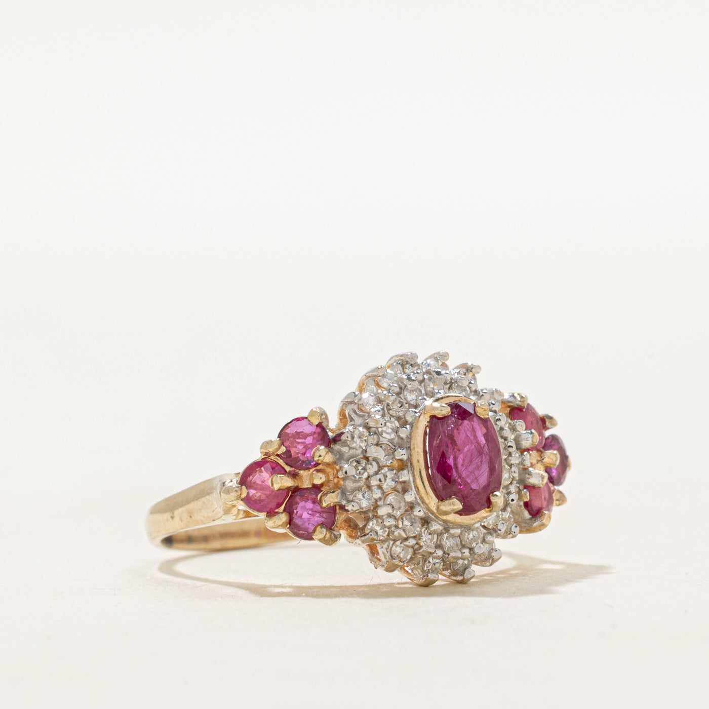 Oval Cut Ruby & Diamond Cluster Cocktail Ring | 1.34ctw, 0.18ctw | SZ 7.75