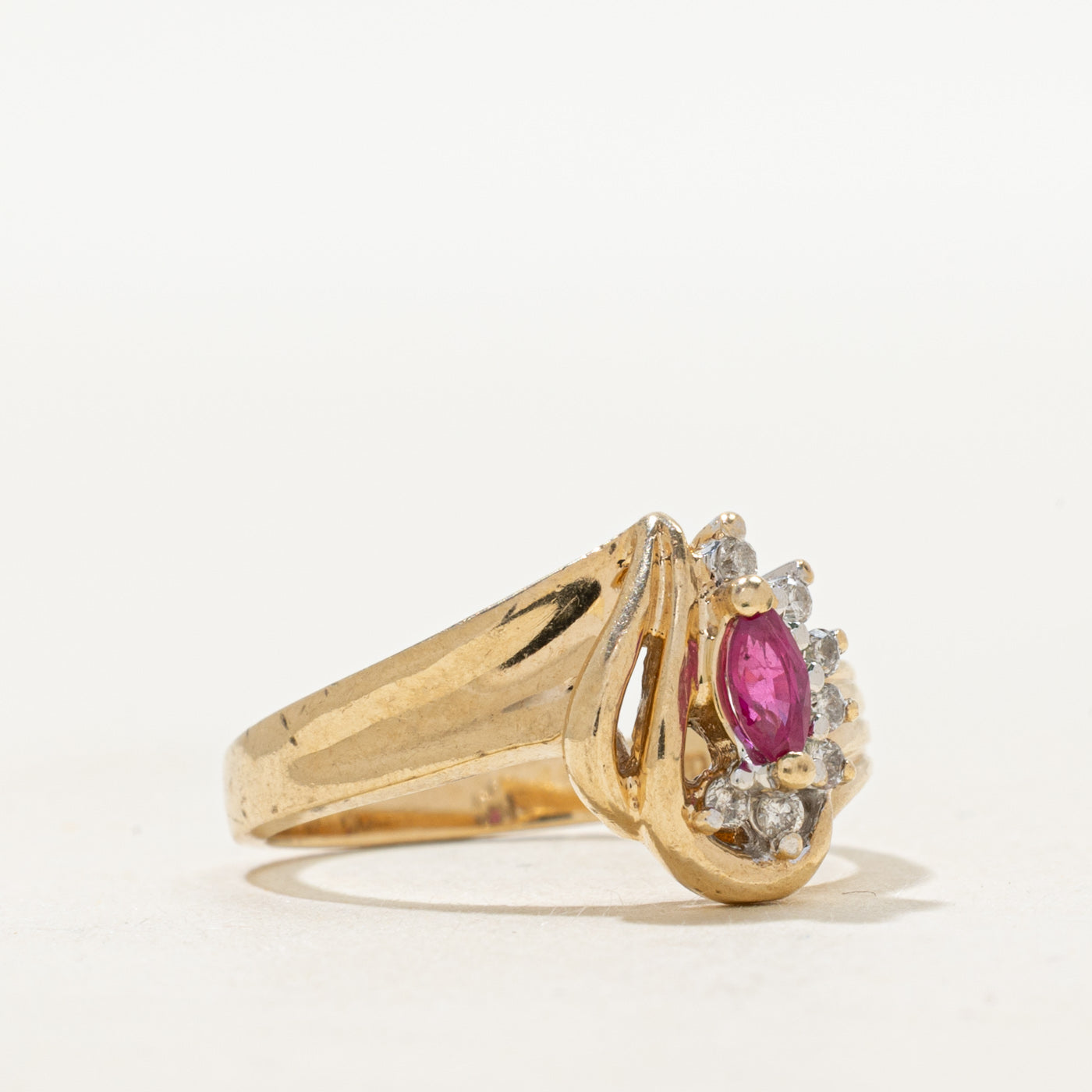 Marquise Cut Ruby & Diamond Grooved Bypass Ring | 0.12ct, 0.07ctw | SZ 6.25