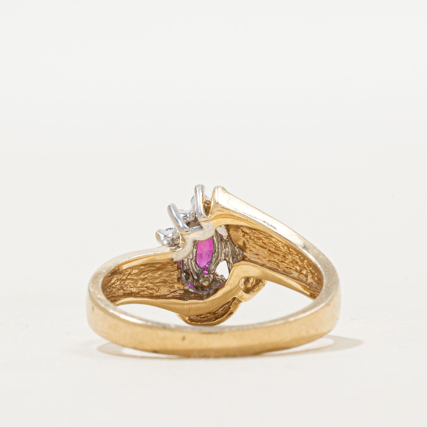 Marquise Cut Ruby & Diamond Grooved Bypass Ring | 0.12ct, 0.07ctw | SZ 6.25