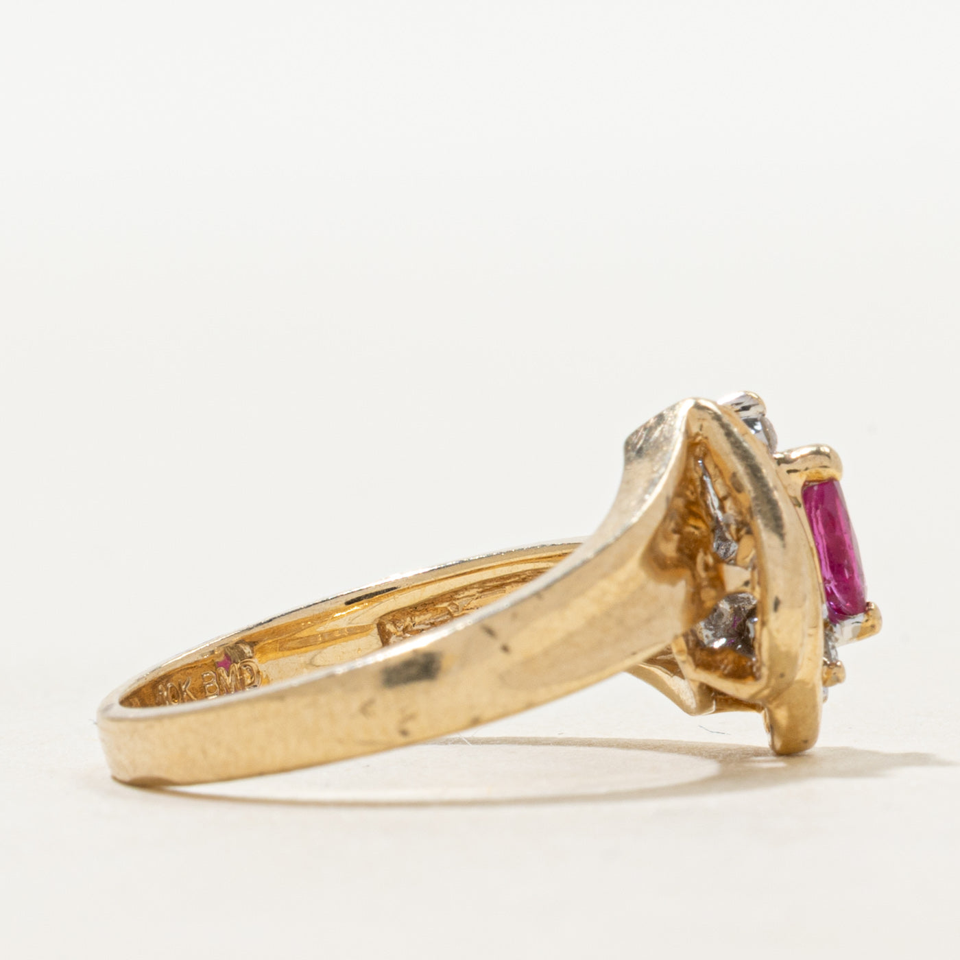 Marquise Cut Ruby & Diamond Grooved Bypass Ring | 0.12ct, 0.07ctw | SZ 6.25