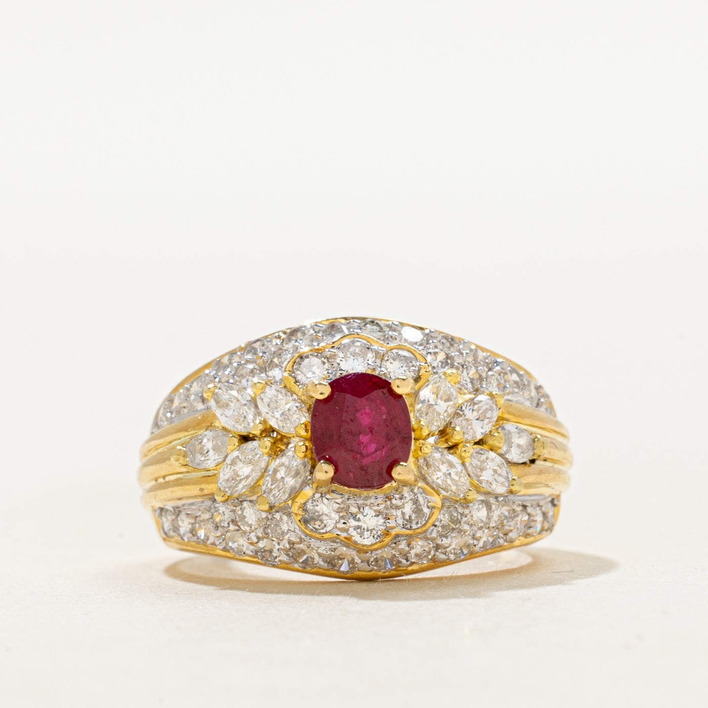 18k Ruby & Diamond Cluster Cocktail Ring | 1.00ct, 0.83ctw | SZ 6