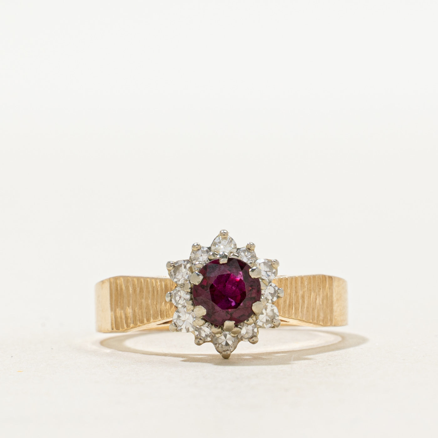 Ruby & Diamond Halo Textured Ring | 0.51ct, 0.18ctw | SZ 6.5
