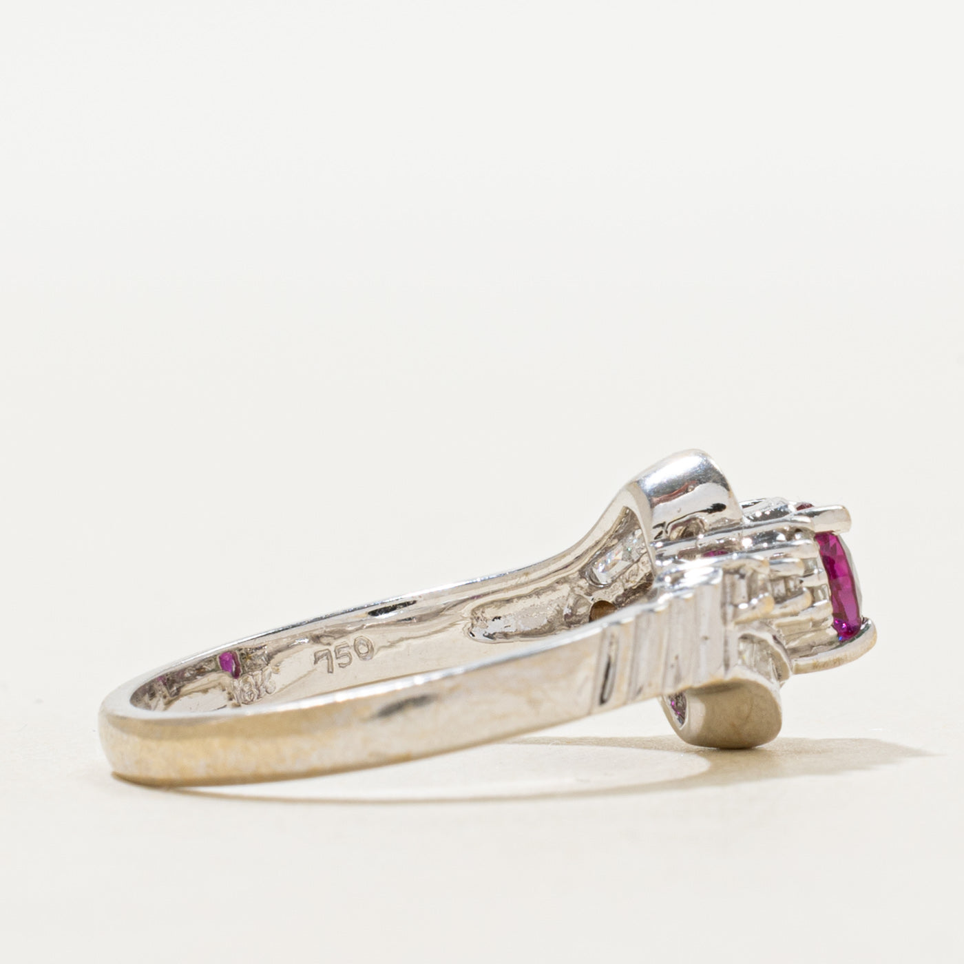 18k Oval Cut Ruby & Diamond Bypass Ring | 0.85ct, 0.20ctw | SZ 6.5