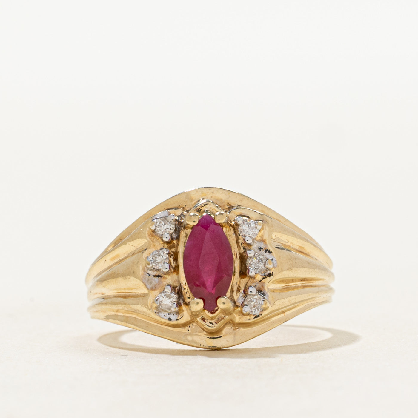 Marquise Cut Ruby & Diamond Grooved Ring | 0.38ct, 0.06ctw | SZ 4.5