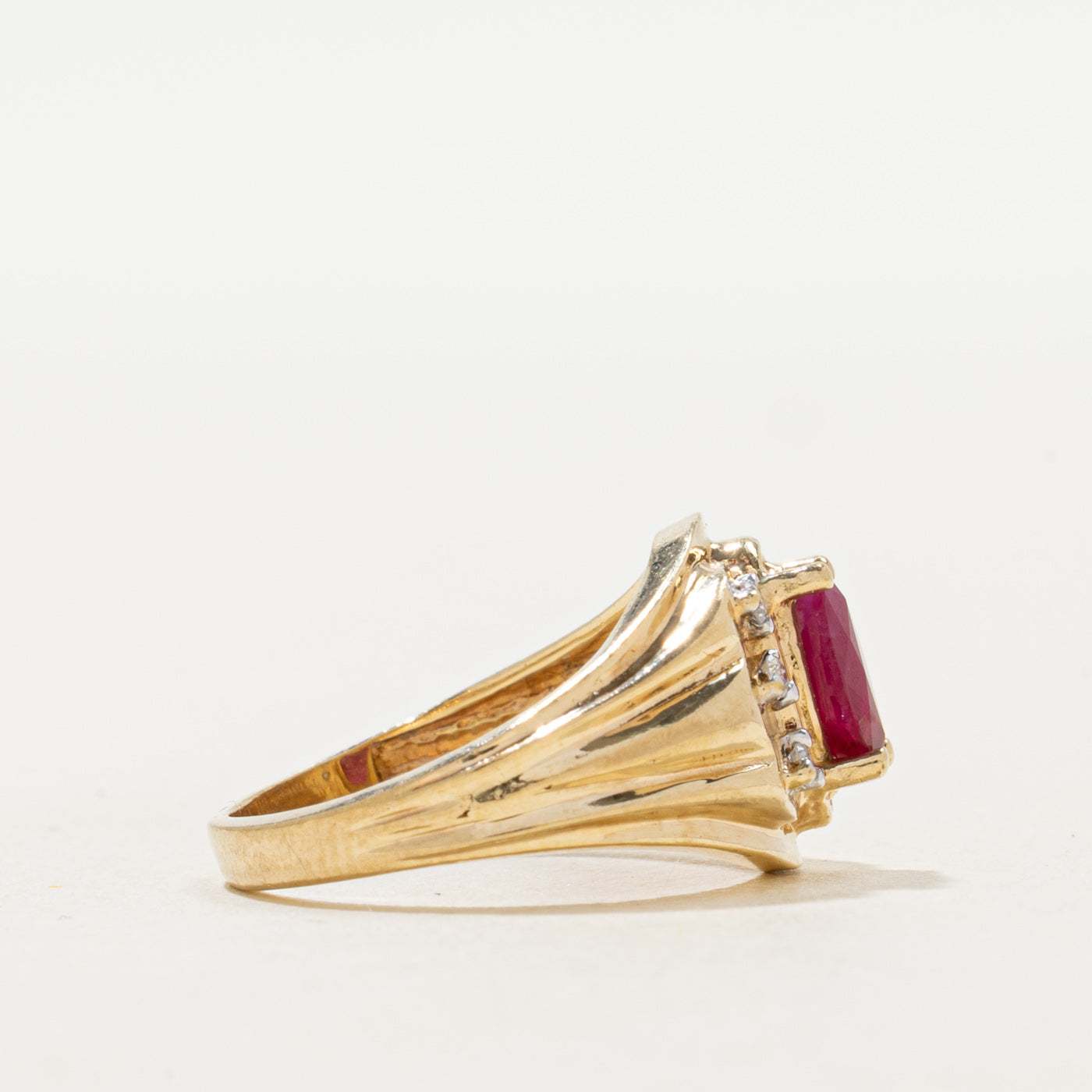 Marquise Cut Ruby & Diamond Grooved Ring | 0.38ct, 0.06ctw | SZ 4.5