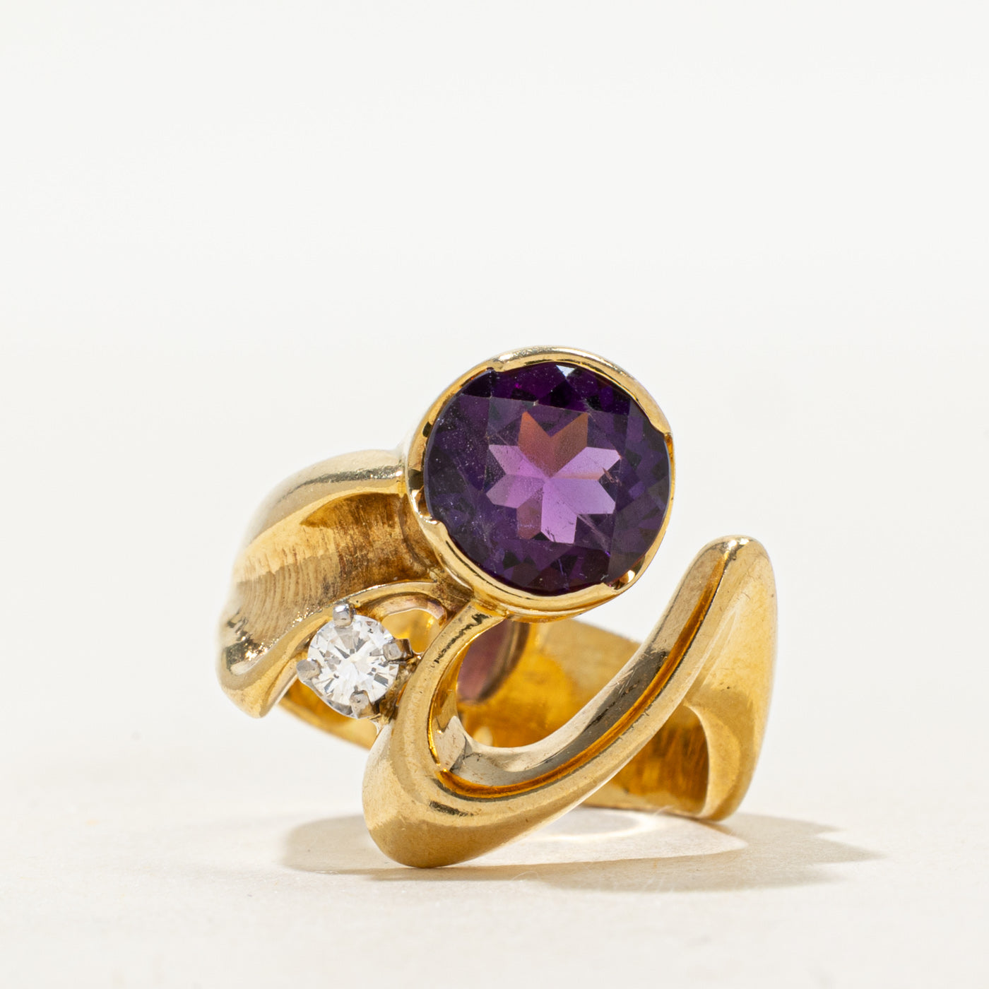 18k Bezel Set Amethyst & Diamond Cocktail Ring | 1.80ct, 0.10ct | SZ 6.5