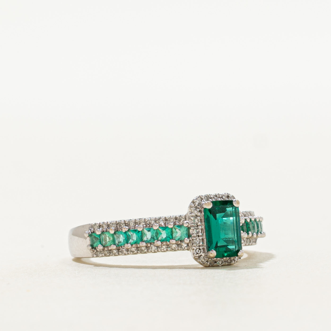 White Gold Synthetic Emerald & Diamond Cathedral Ring | 0.75ctw, 0.20ctw | SZ 7