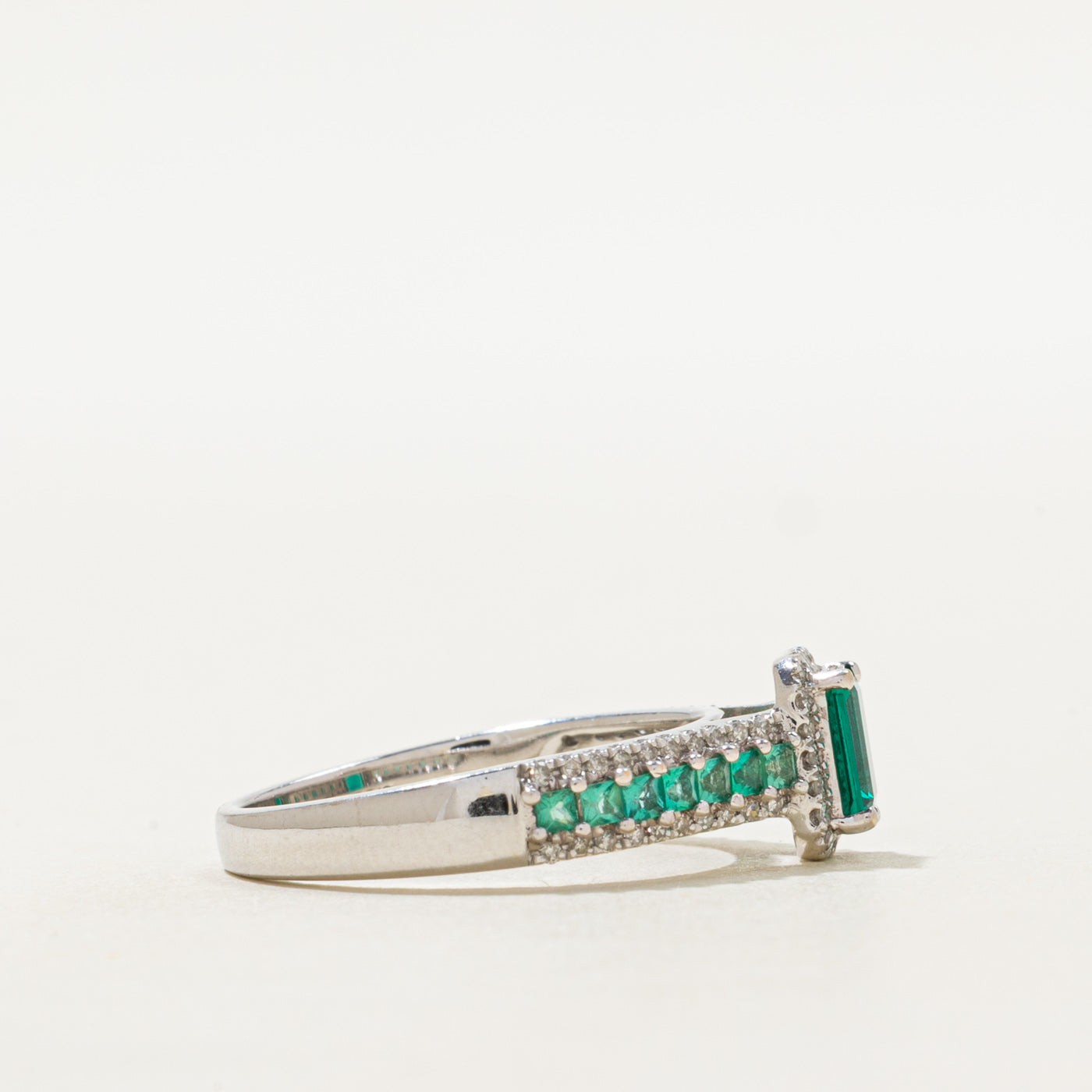 White Gold Synthetic Emerald & Diamond Cathedral Ring | 0.75ctw, 0.20ctw | SZ 7