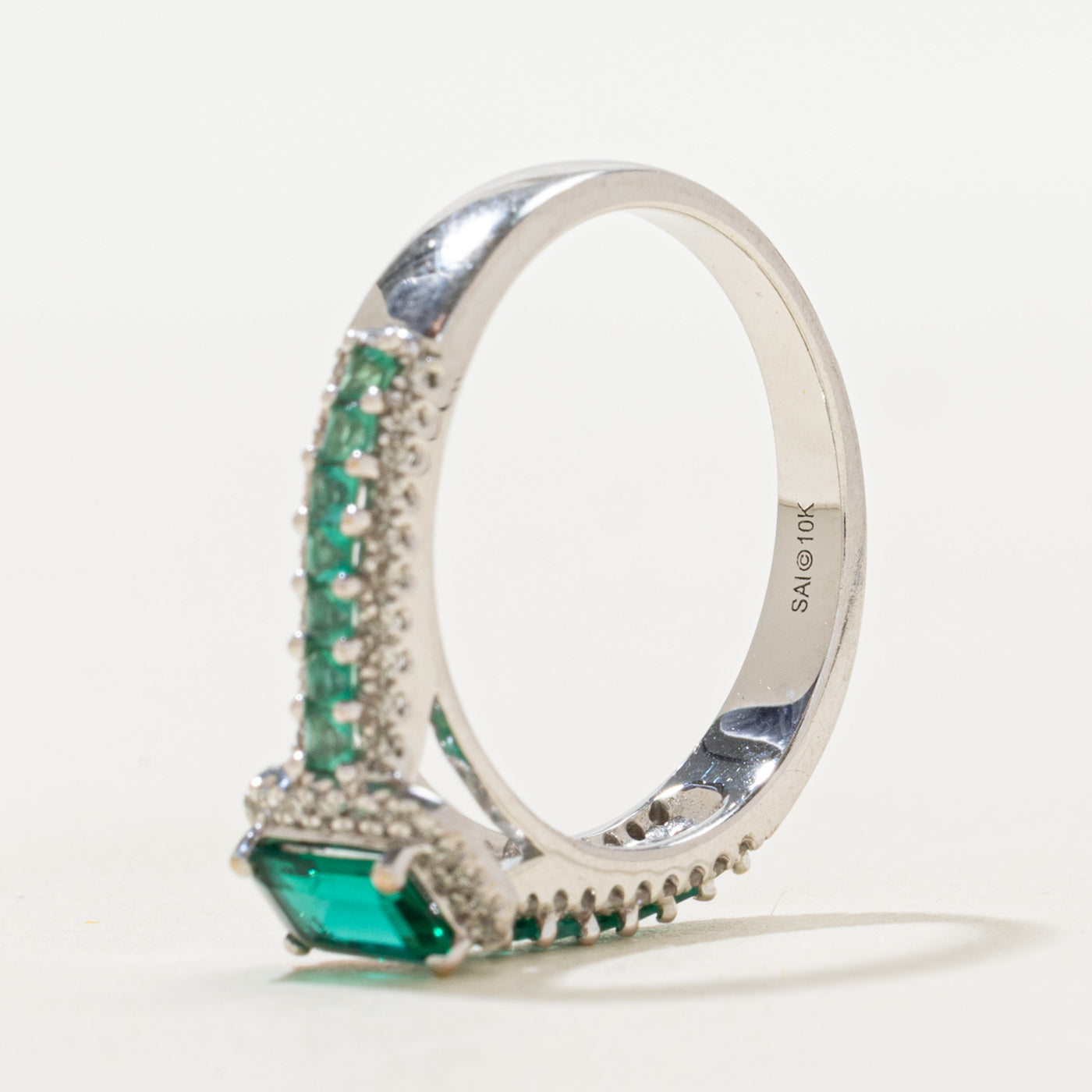 White Gold Synthetic Emerald & Diamond Cathedral Ring | 0.75ctw, 0.20ctw | SZ 7