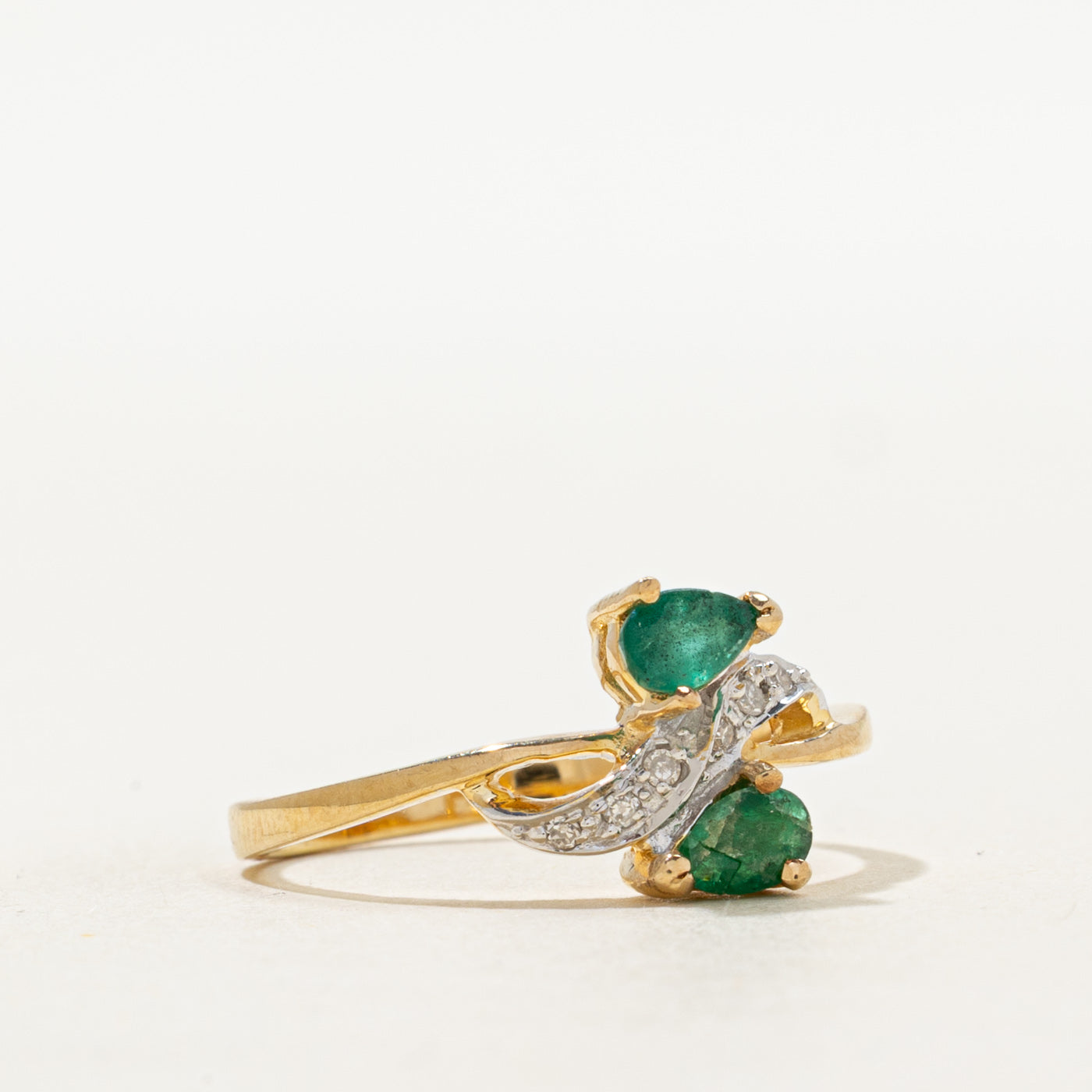 Two Stone Emerald & Diamond Bypass Ring | 0.28ctw, 0.05ctw | SZ 7.5