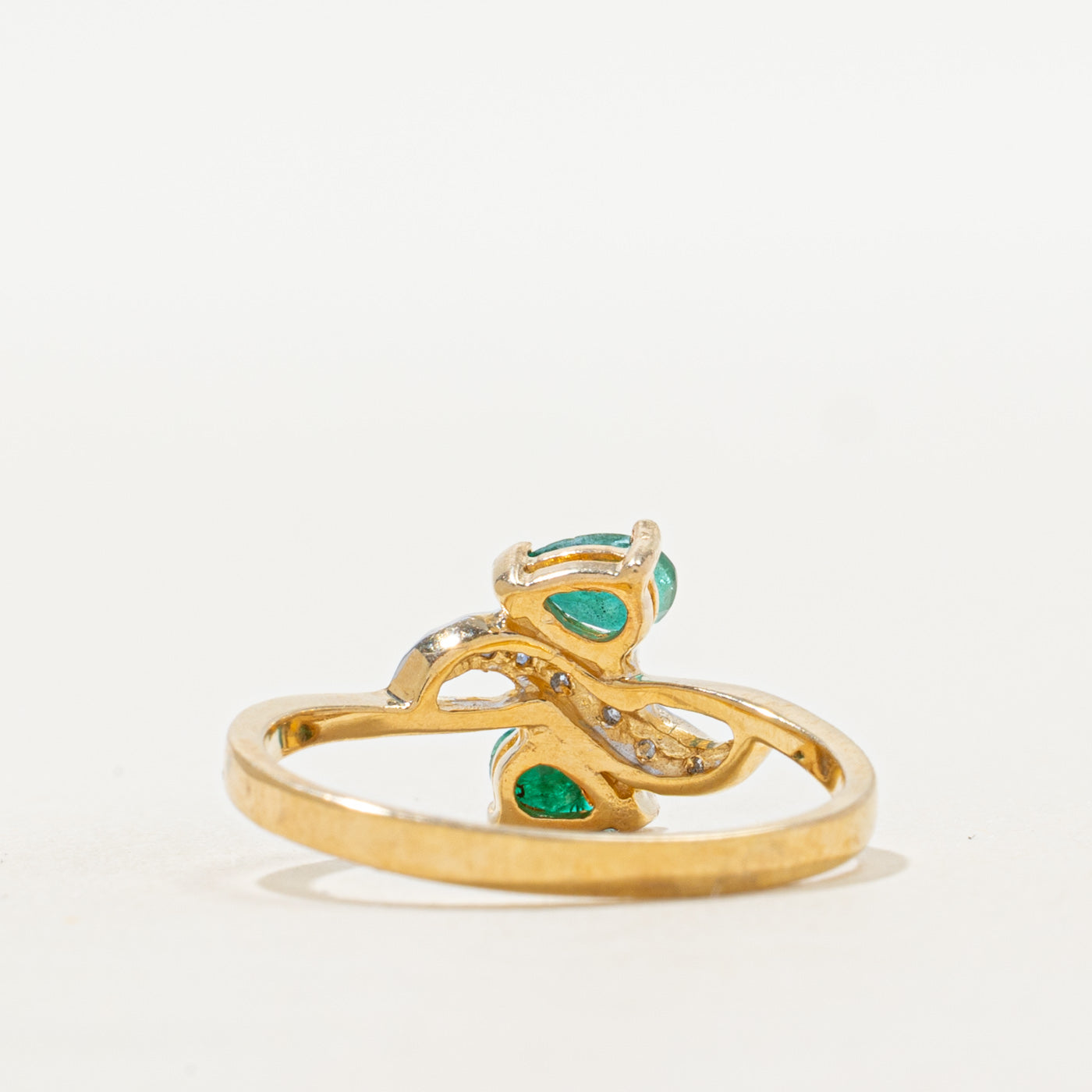 Two Stone Emerald & Diamond Bypass Ring | 0.28ctw, 0.05ctw | SZ 7.5