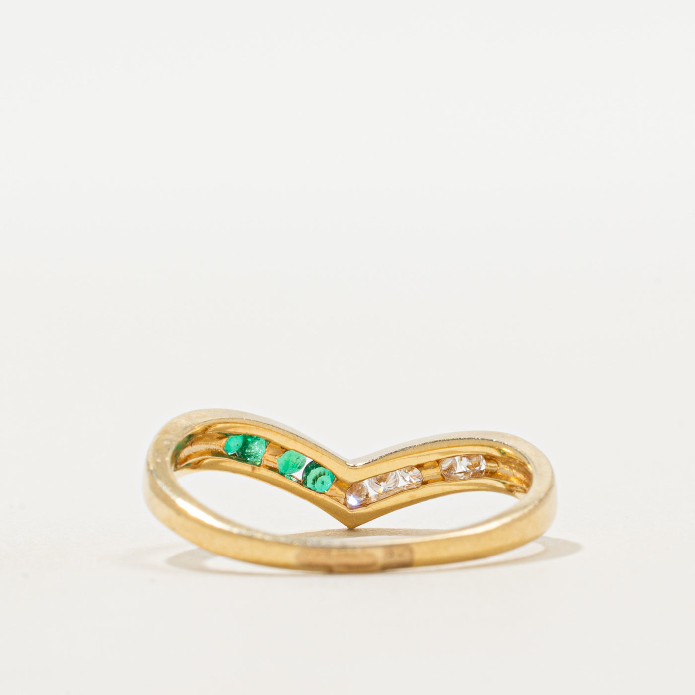 18k Channel Set Emerald & Diamond Chevron Ring | 0.15ctw, 0.10ctw | SZ 7.75