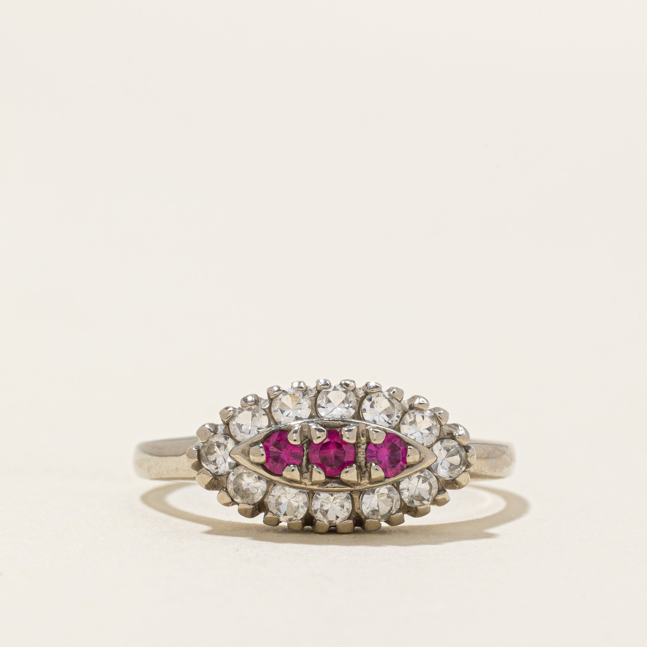 White Gold Synthetic Ruby & Synthetic Spinel Cluster Halo Ring | 0.54ctw | SZ 8.75