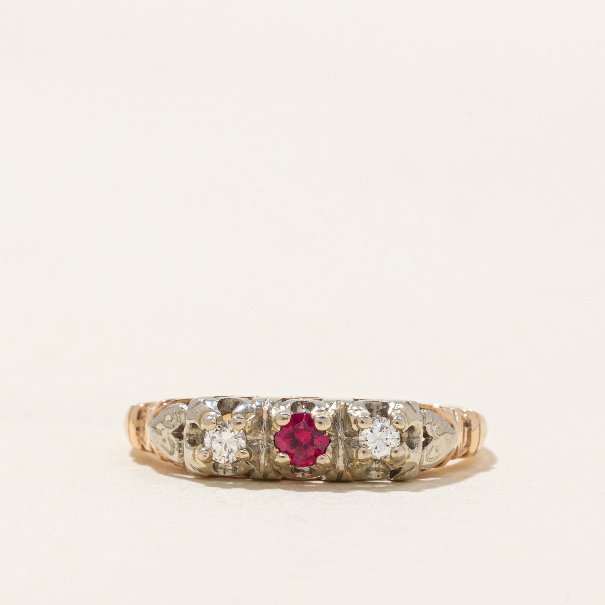 Synthetic Ruby & Natural Diamond Engraved Ring | 0.07ct, 0.08ctw | SZ 7