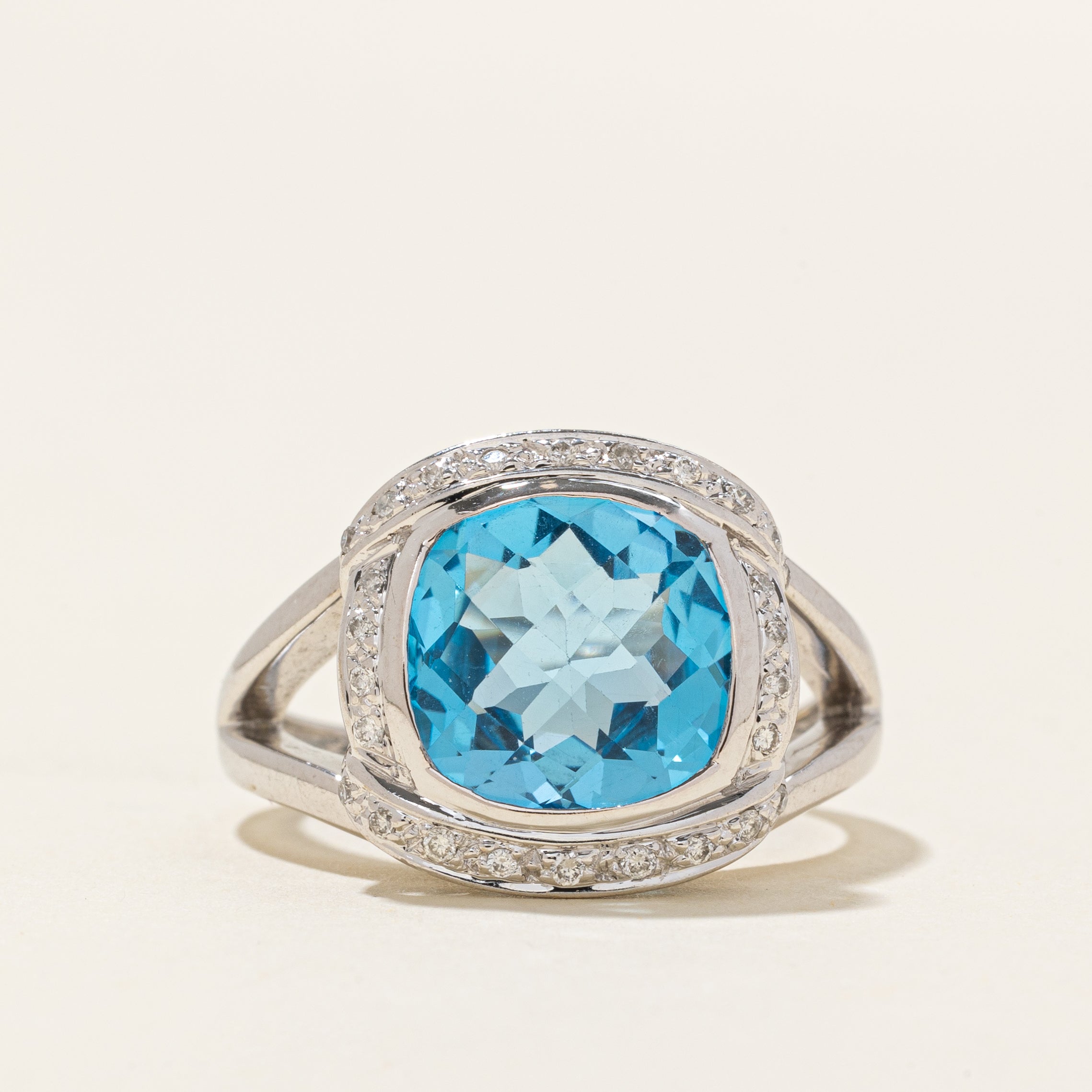 Cushion Cut Blue Topaz & Diamond Halo Cocktail Ring | 6.00ct, 0.15ctw | SZ 7.75