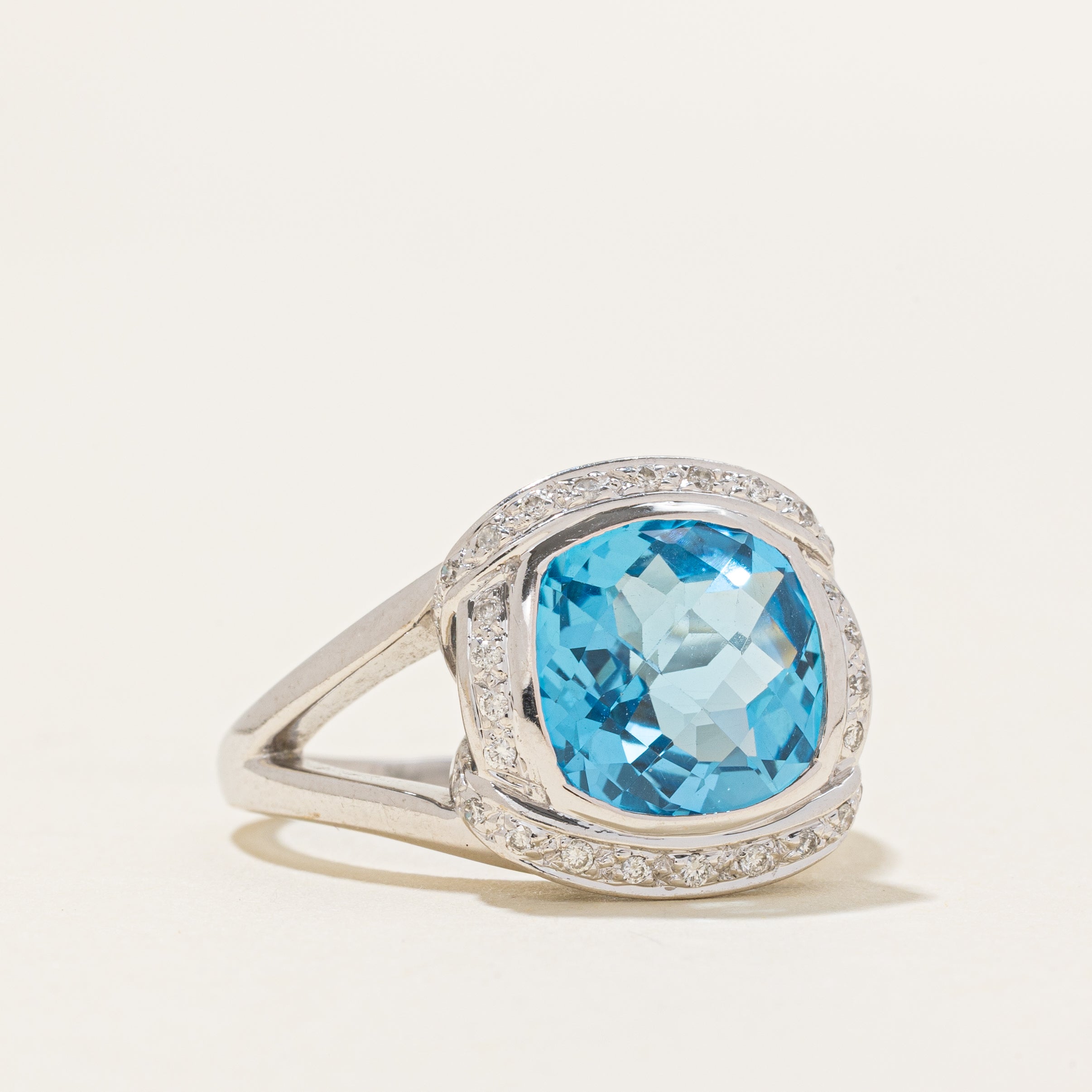 Cushion Cut Blue Topaz & Diamond Halo Cocktail Ring | 6.00ct, 0.15ctw | SZ 7.75