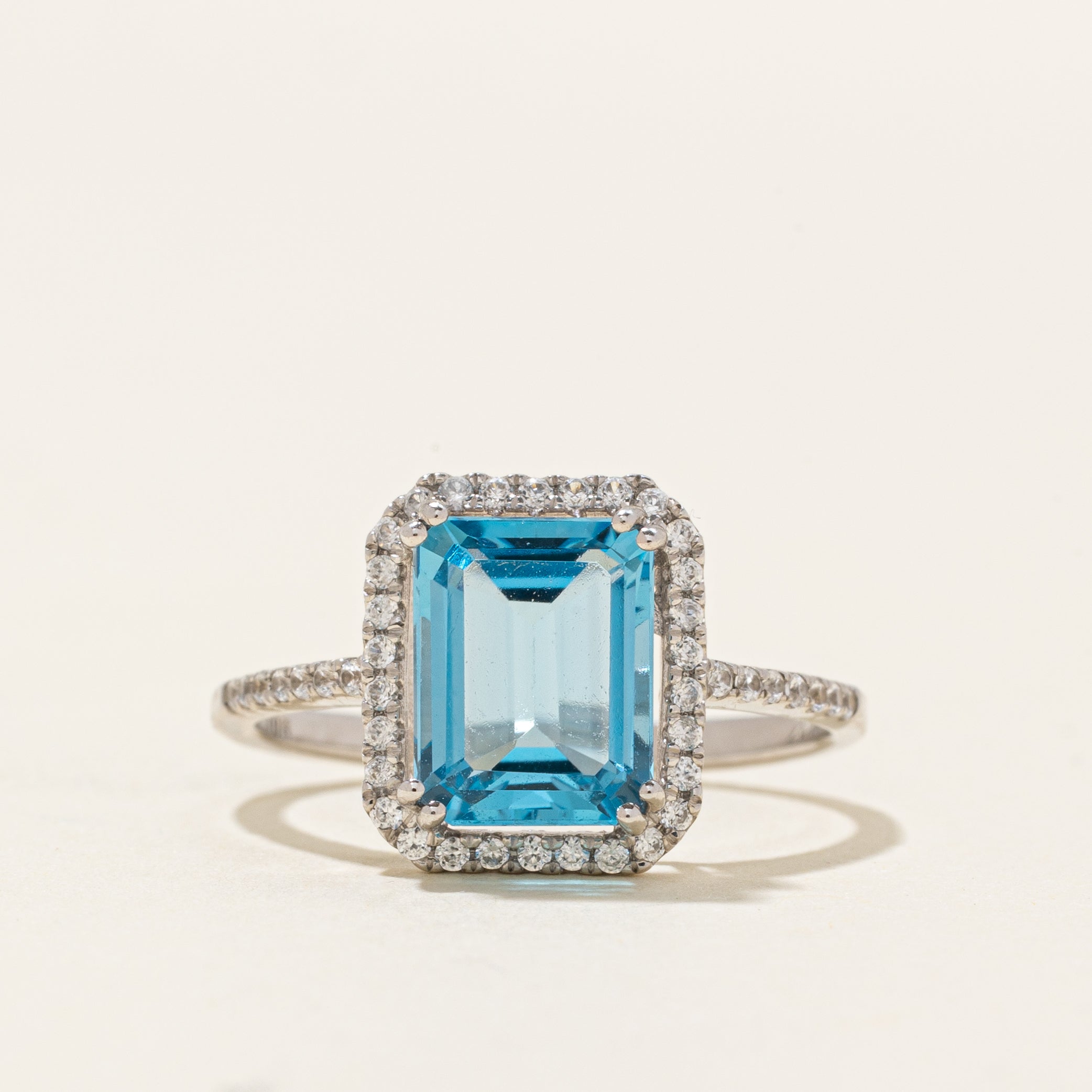 White Gold Blue Topaz & Zircon Halo Ring | 2.80ctw | SZ 7
