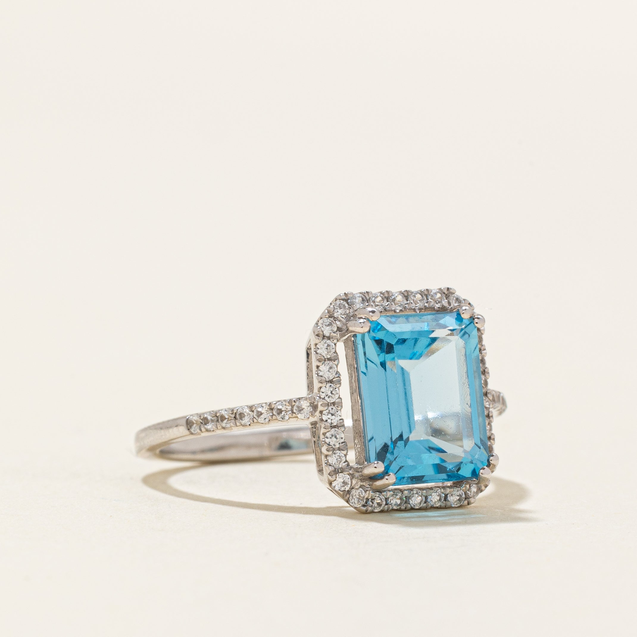 White Gold Blue Topaz & Zircon Halo Ring | 2.80ctw | SZ 7