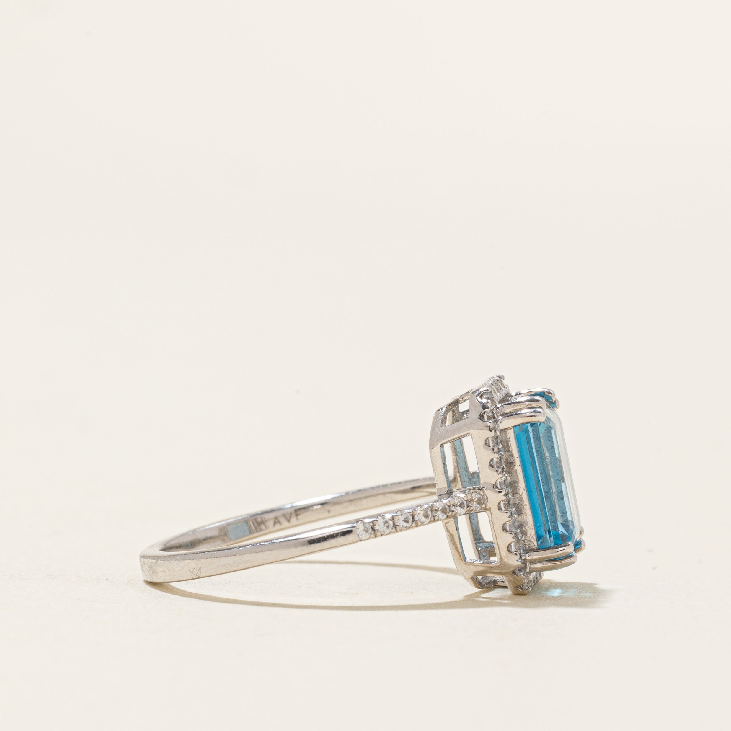 White Gold Blue Topaz & Zircon Halo Ring | 2.80ctw | SZ 7