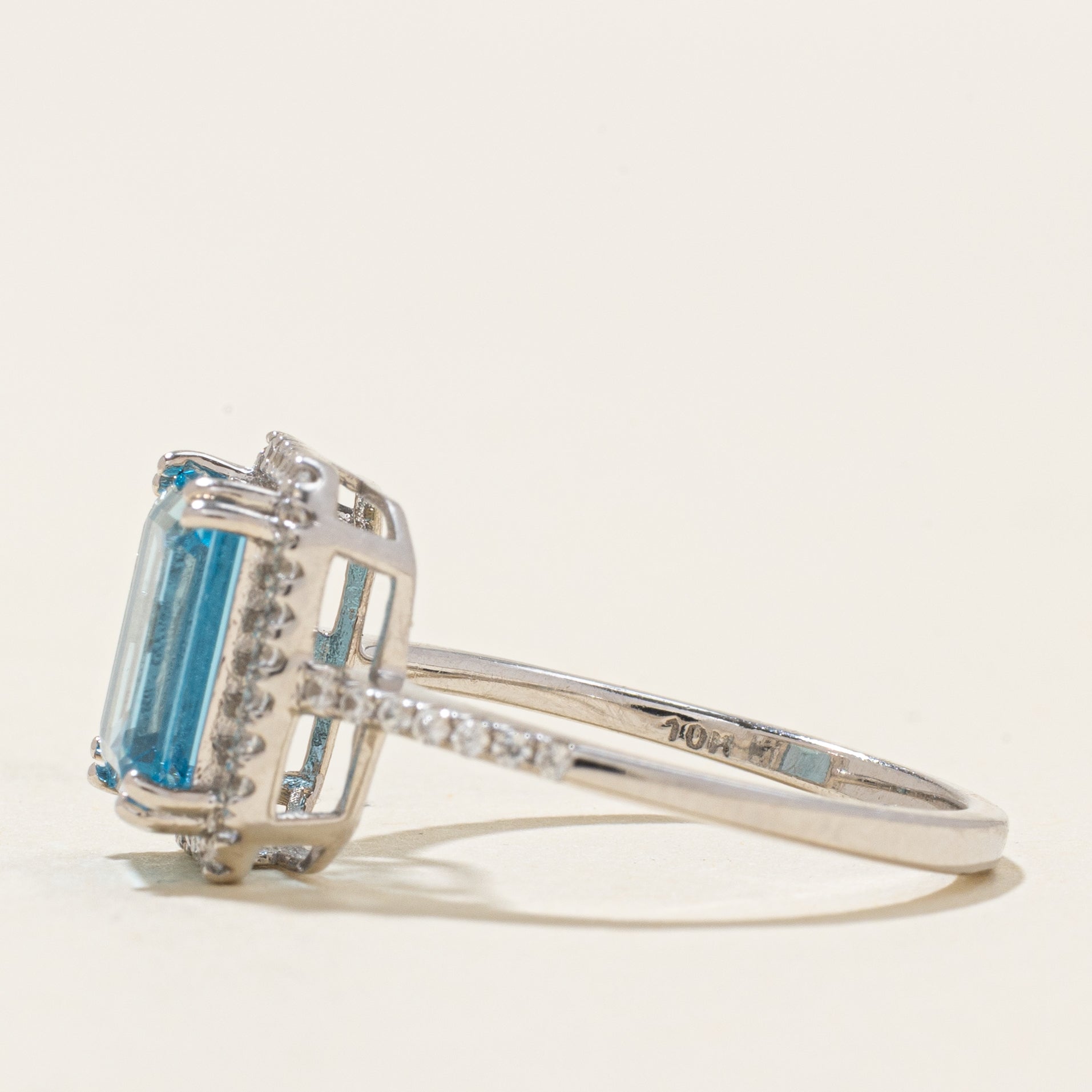White Gold Blue Topaz & Zircon Halo Ring | 2.80ctw | SZ 7