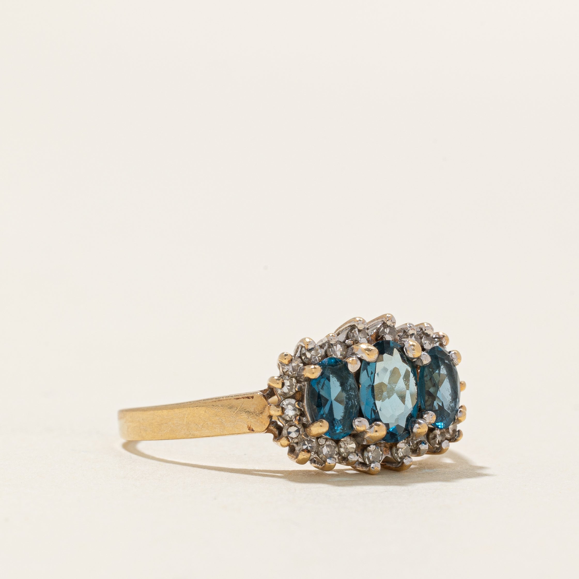 Three Stone London Blue Topaz & Diamond Halo Ring | 1.00ctw, 0.17ctw | SZ 7.5