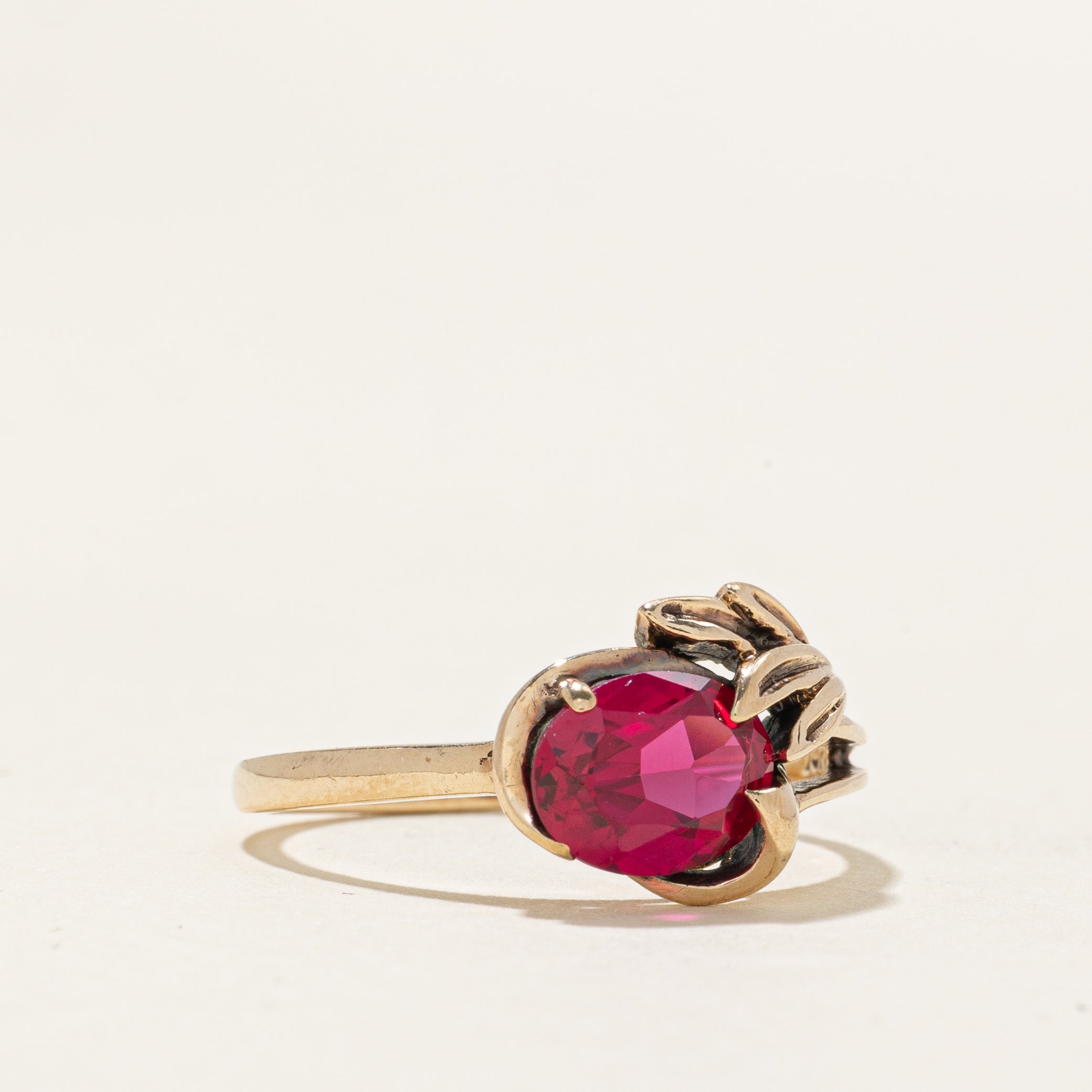 Solitaire Synthetic Ruby Leaf Ring | 1.40ct | SZ 7
