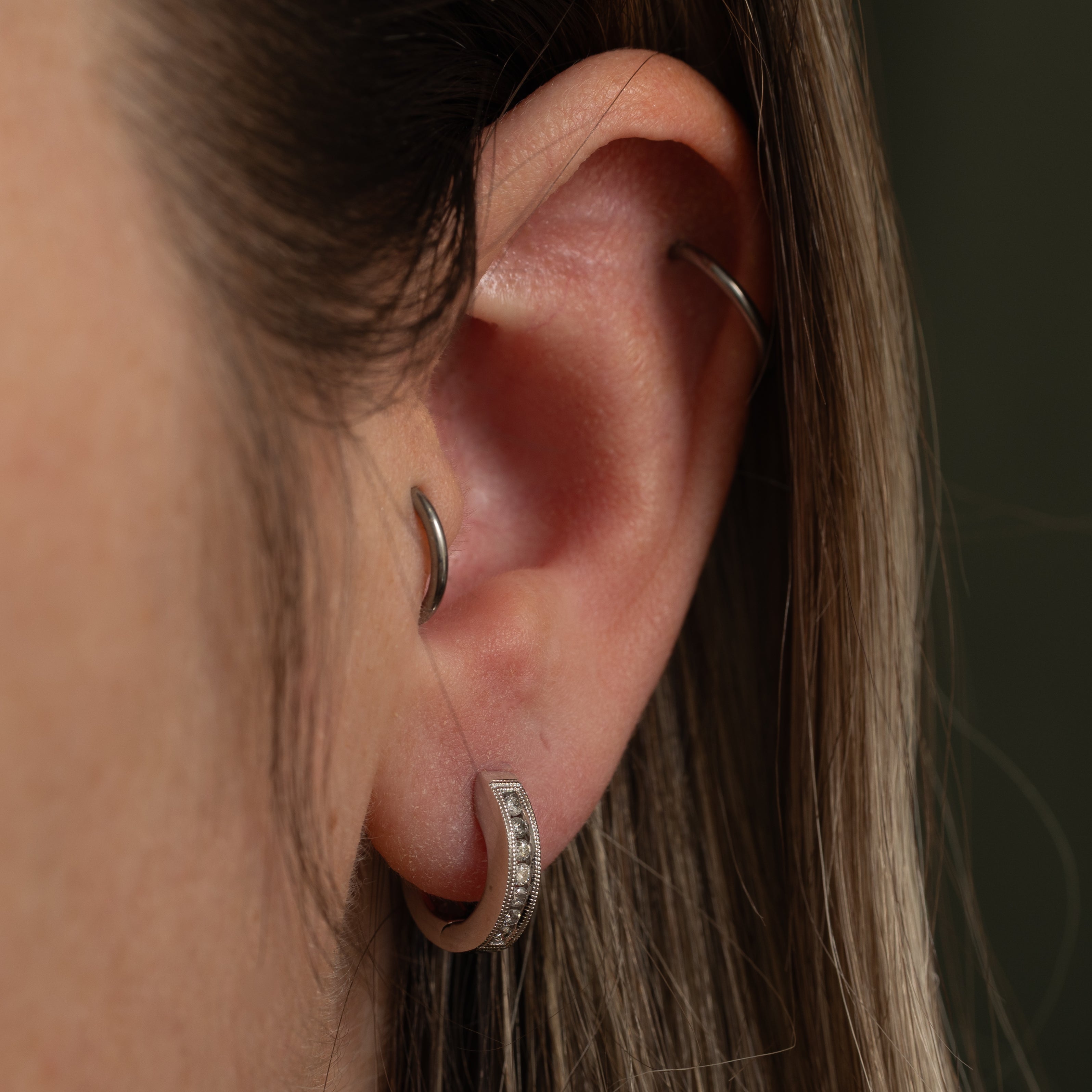 Channel Set Diamond Milgrain Huggie Earrings