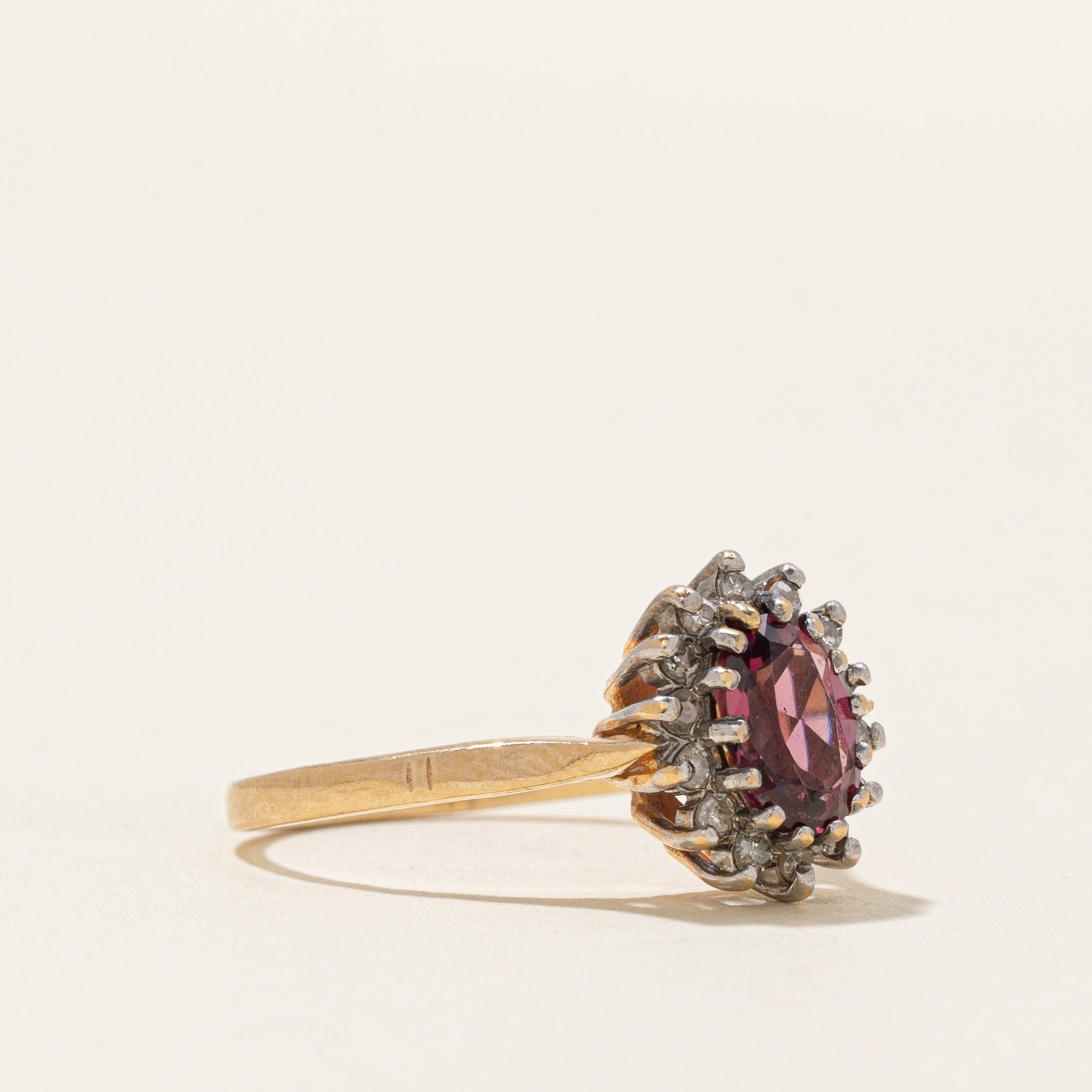 Oval Cut Rhodolite Garnet & Diamond Petal Halo Ring | 1.00ct, 0.15ctw | SZ 6.5