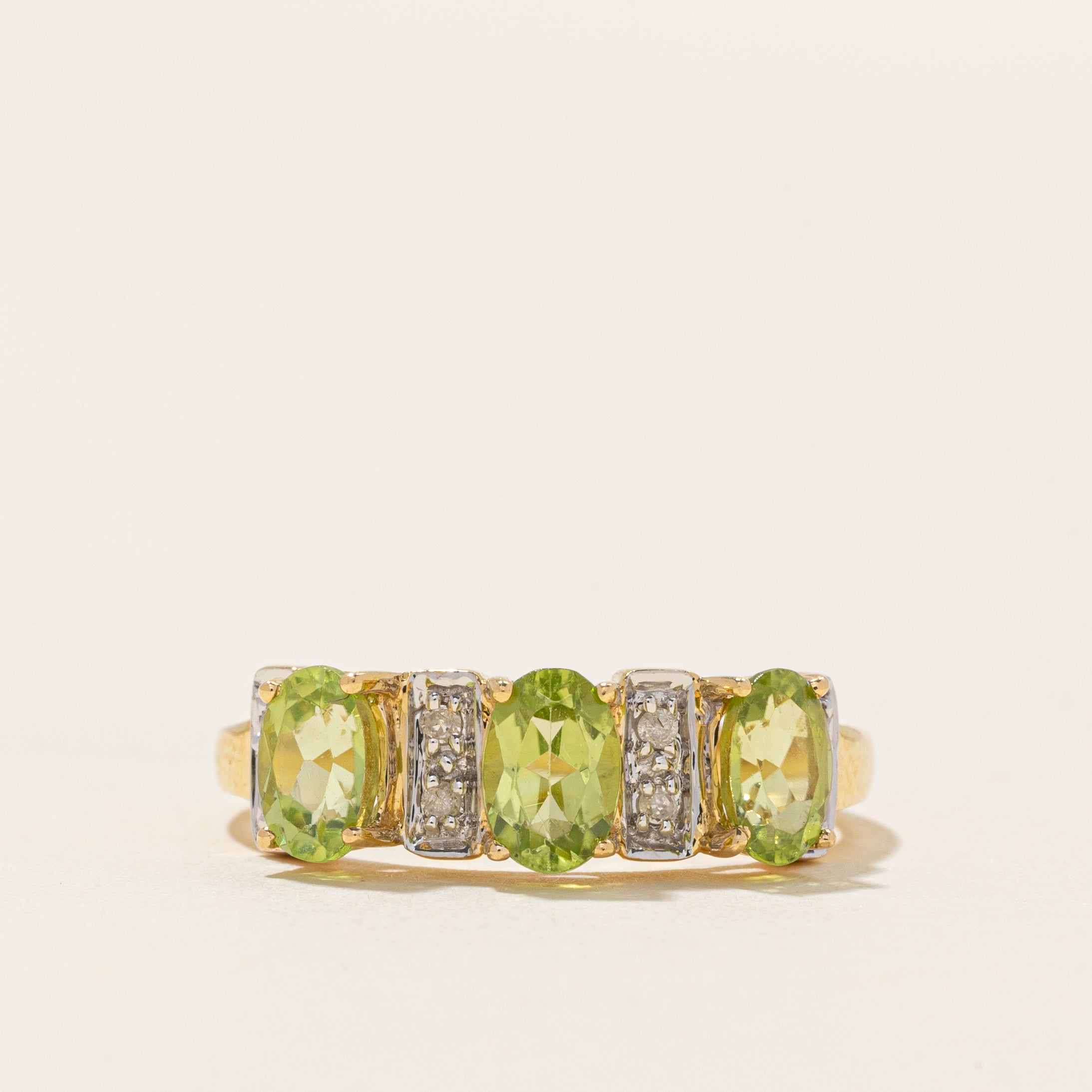 18k Three Stone Peridot & Diamond Accented Ring | 1.50ctw, 0.08ctw | SZ 7.5