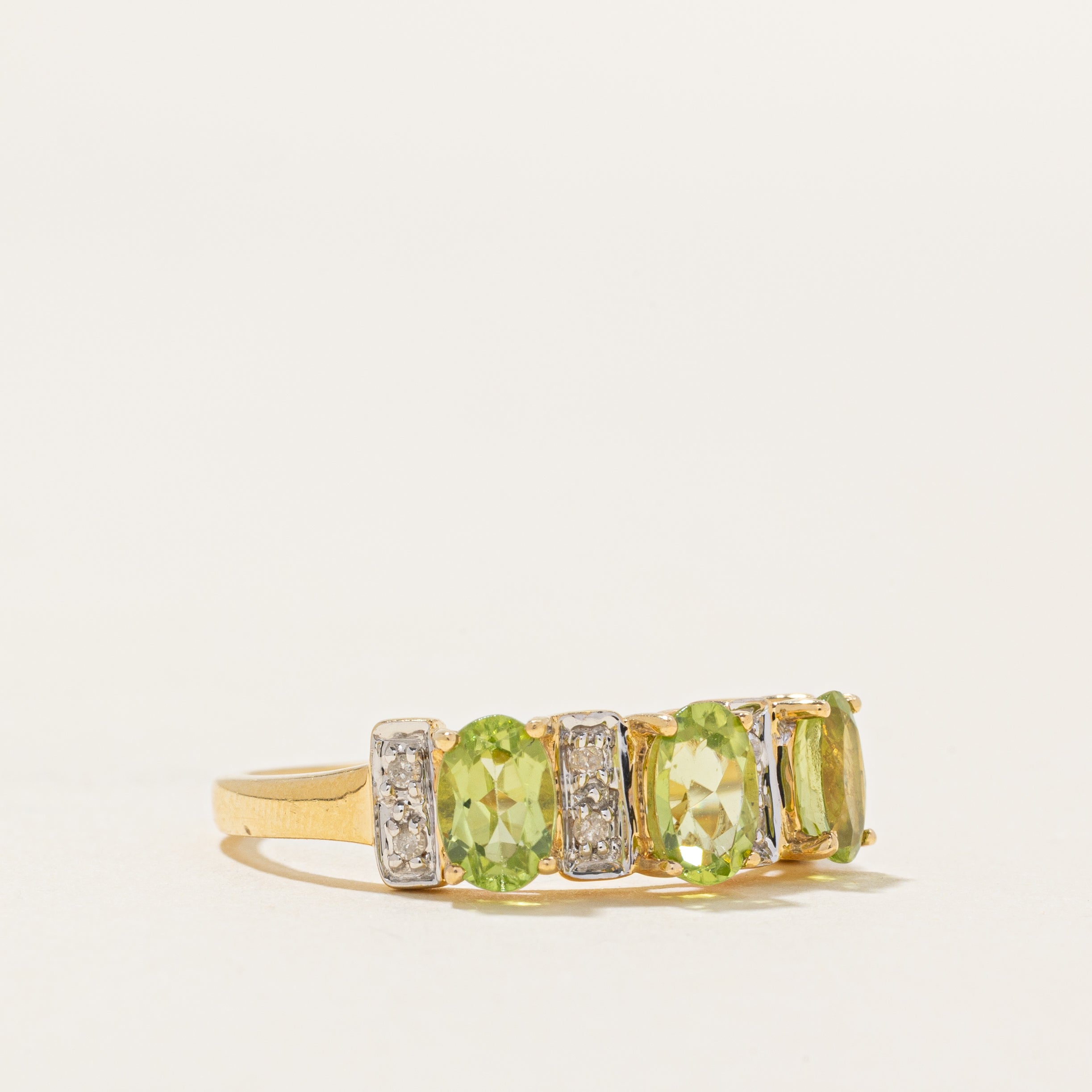 18k Three Stone Peridot & Diamond Accented Ring | 1.50ctw, 0.08ctw | SZ 7.5