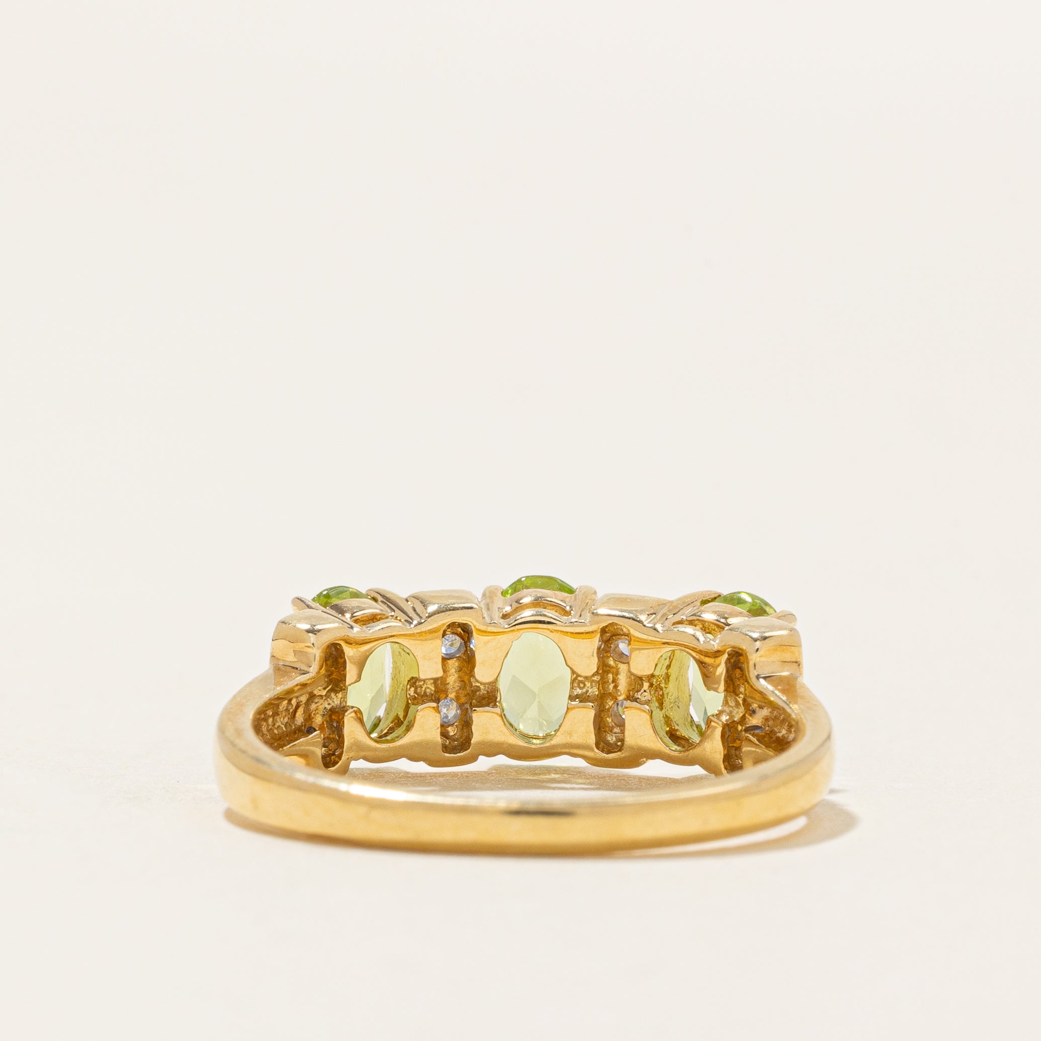 18k Three Stone Peridot & Diamond Accented Ring | 1.50ctw, 0.08ctw | SZ 7.5