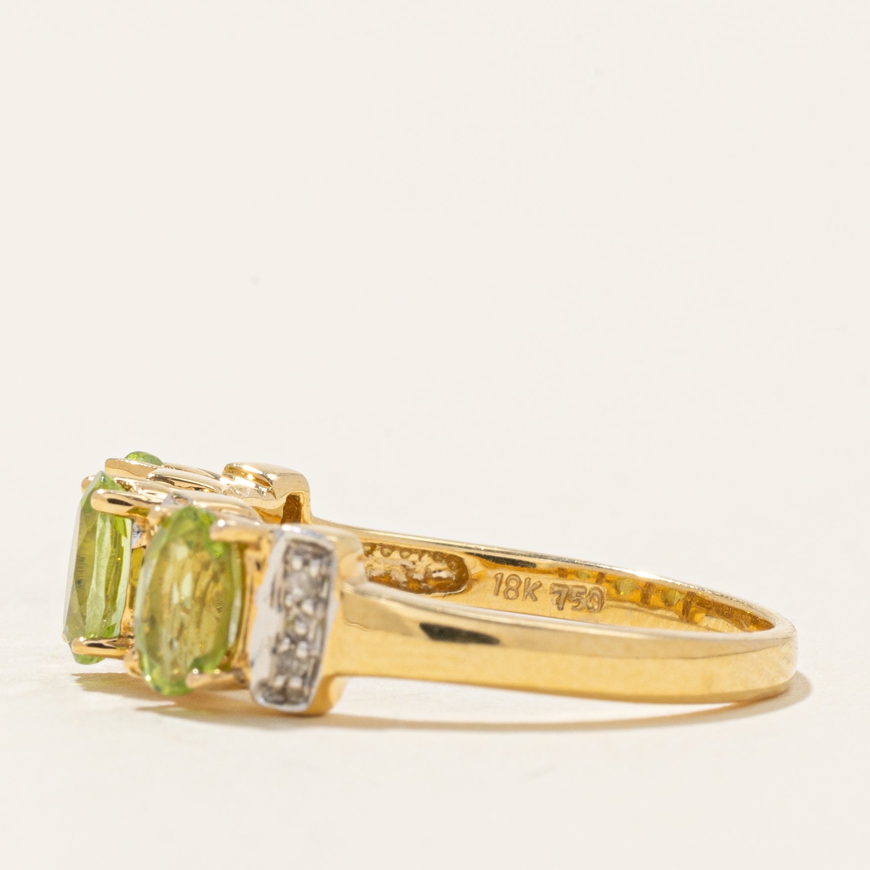18k Three Stone Peridot & Diamond Accented Ring | 1.50ctw, 0.08ctw | SZ 7.5