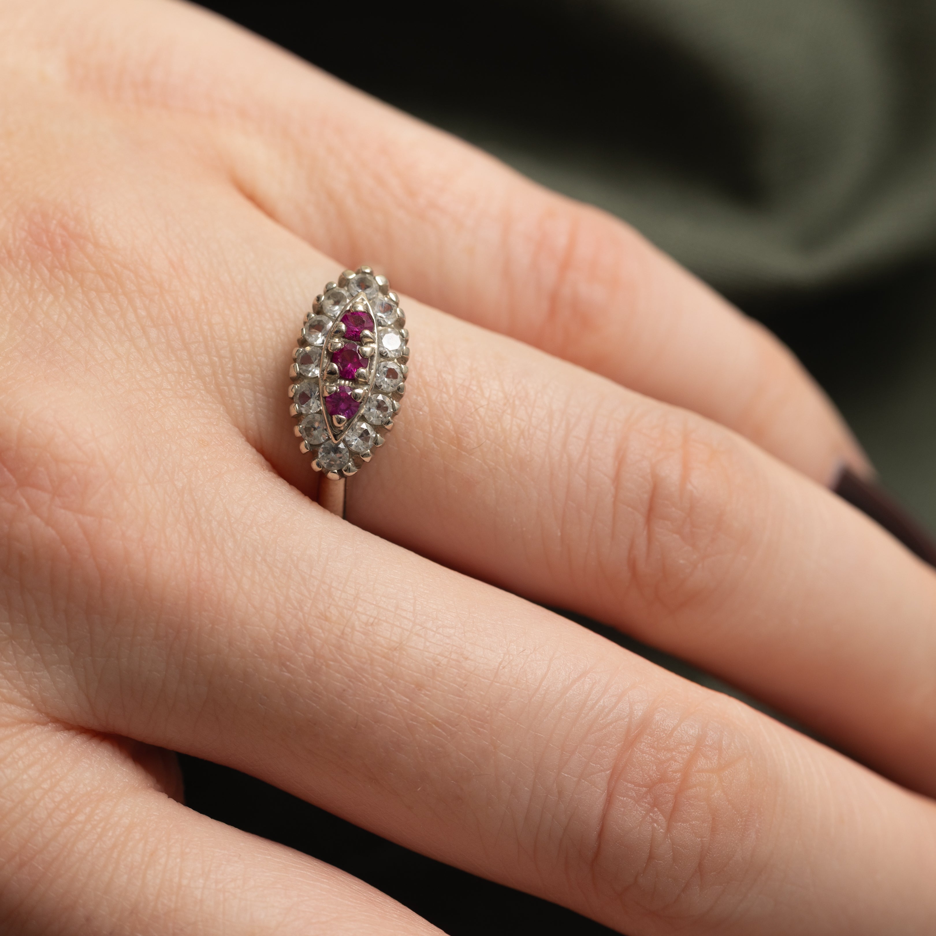 White Gold Synthetic Ruby & Synthetic Spinel Cluster Halo Ring | 0.54ctw | SZ 8.75