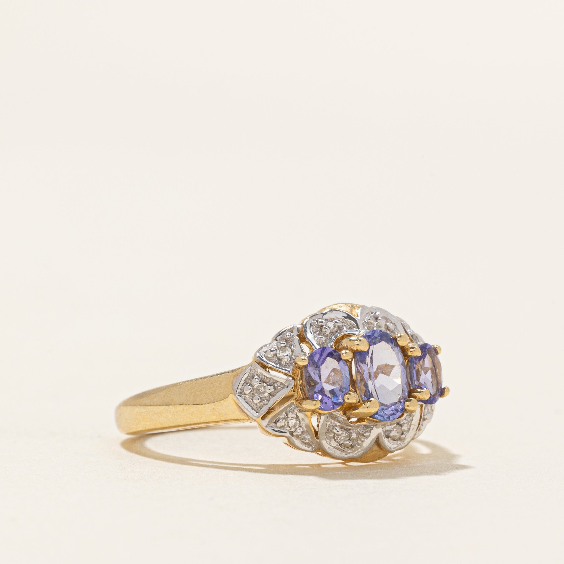 Three Stone Tanzanite & Diamond Accented Ring | 0.65ctw, 0.05ctw | SZ 6