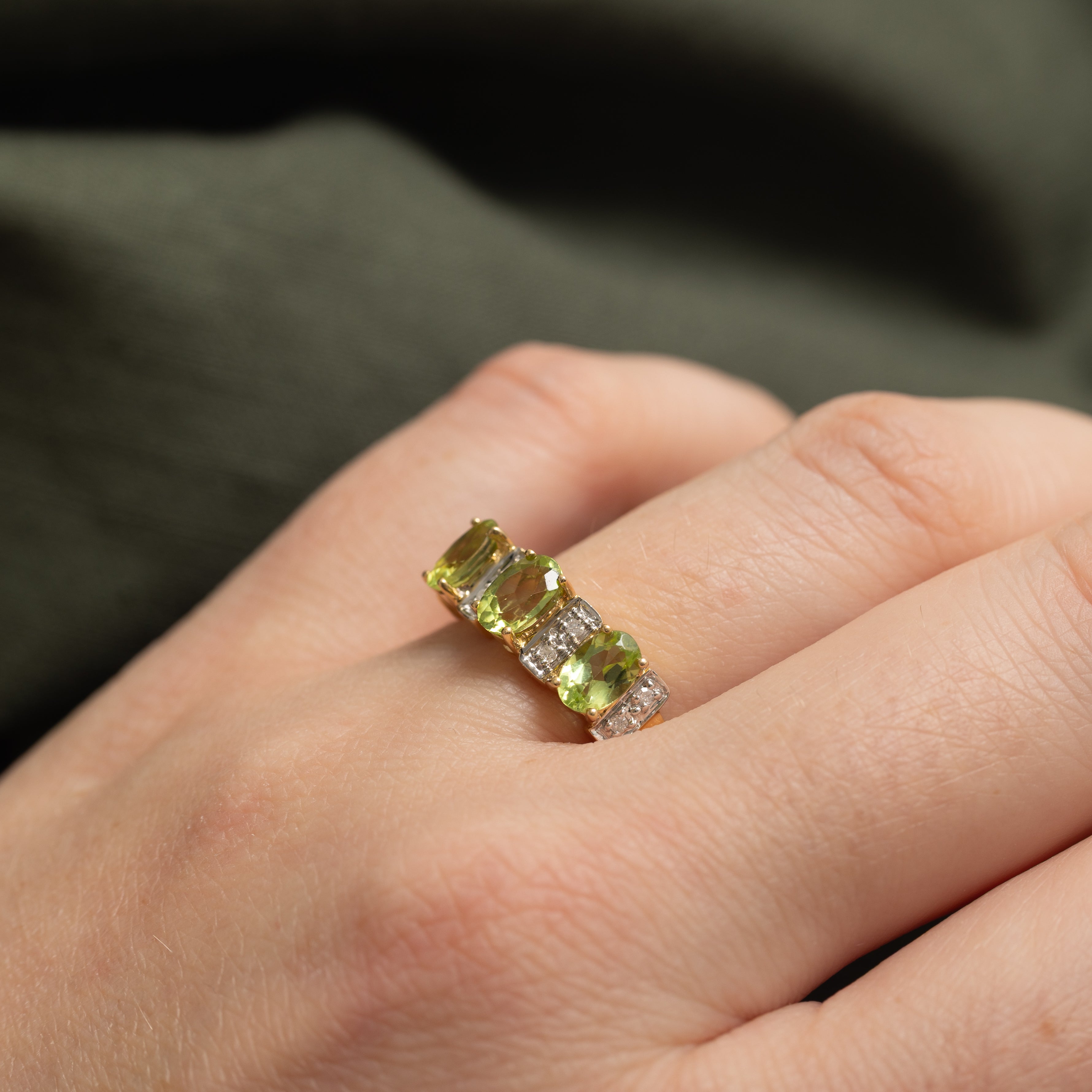18k Three Stone Peridot & Diamond Accented Ring | 1.50ctw, 0.08ctw | SZ 7.5