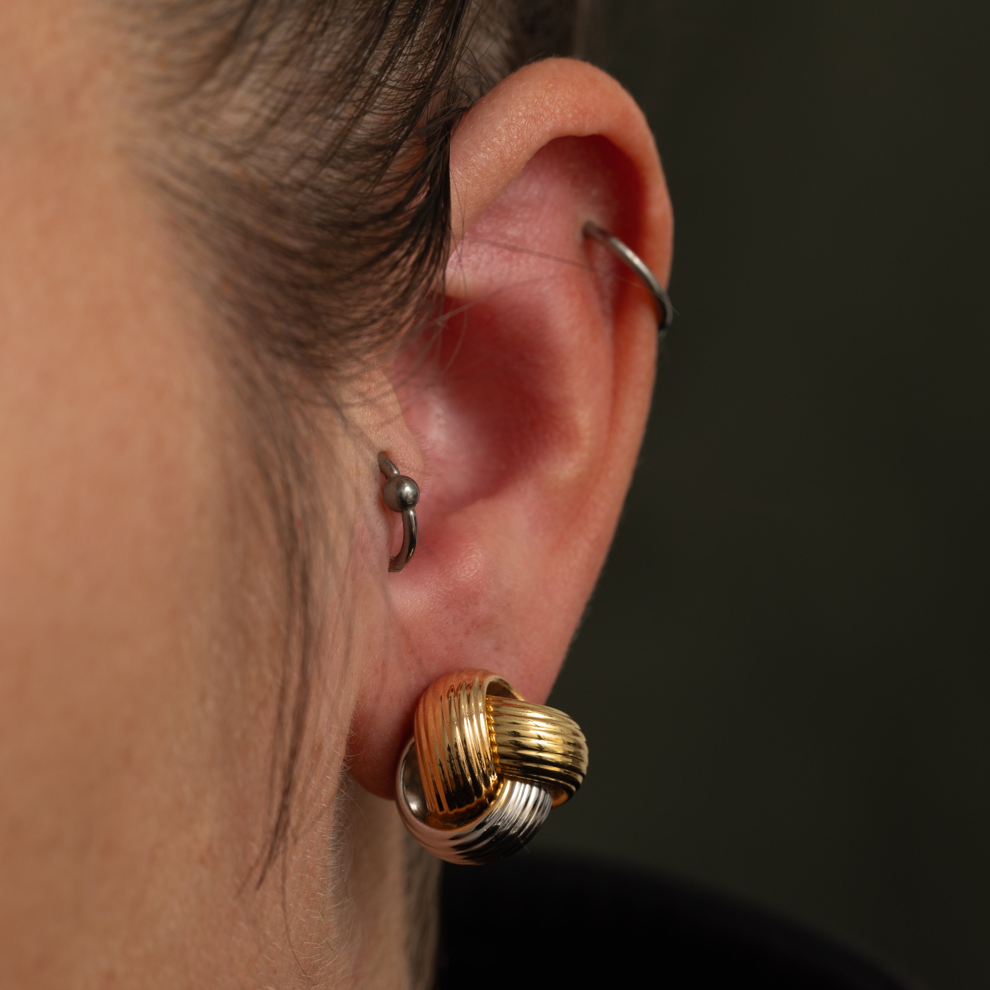 18k Tri Tone Gold Grooved Knot Stud Earrings