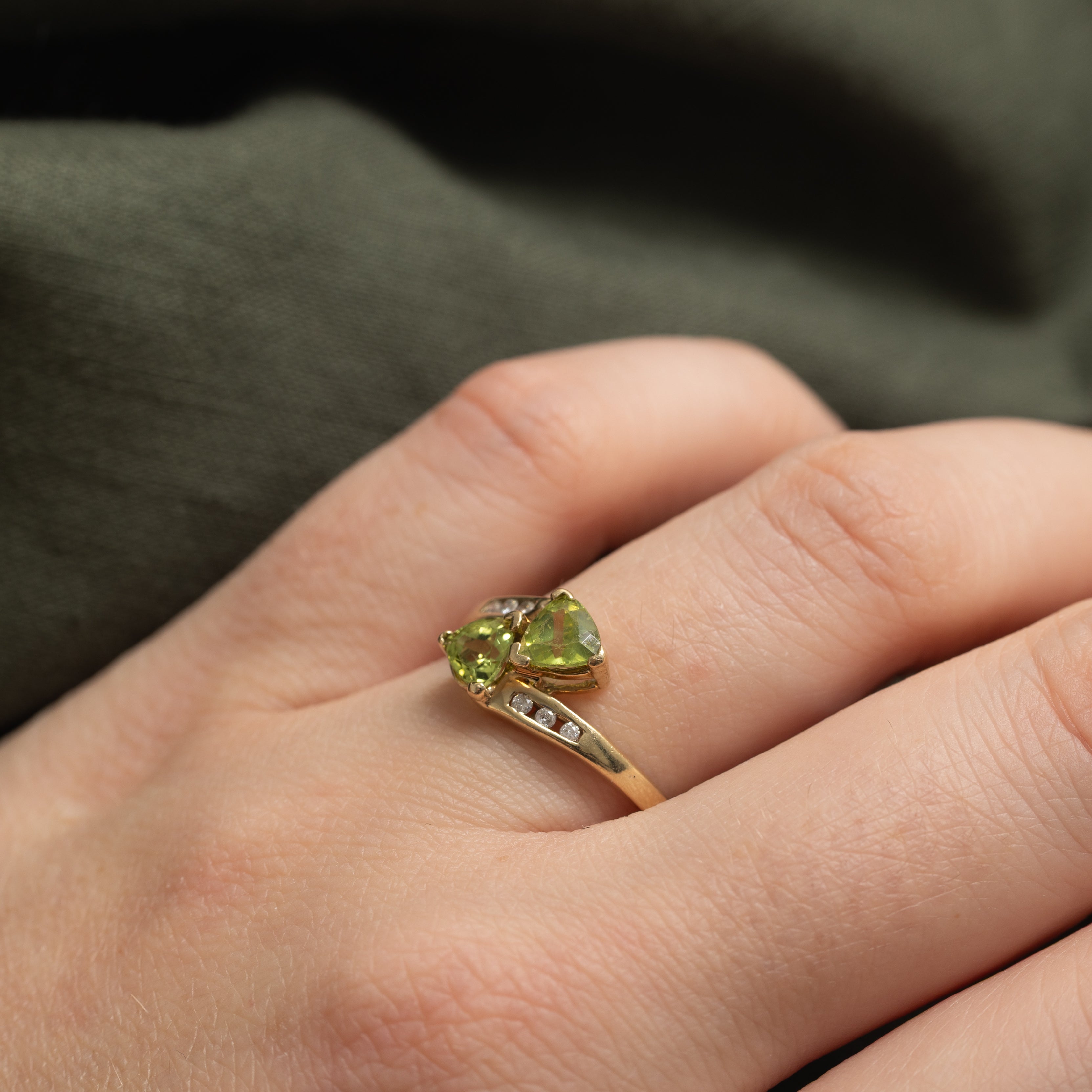 Two Stone Peridot & Diamond Bypass Ring | 1.00ctw, 0.66ctw | SZ 8.25