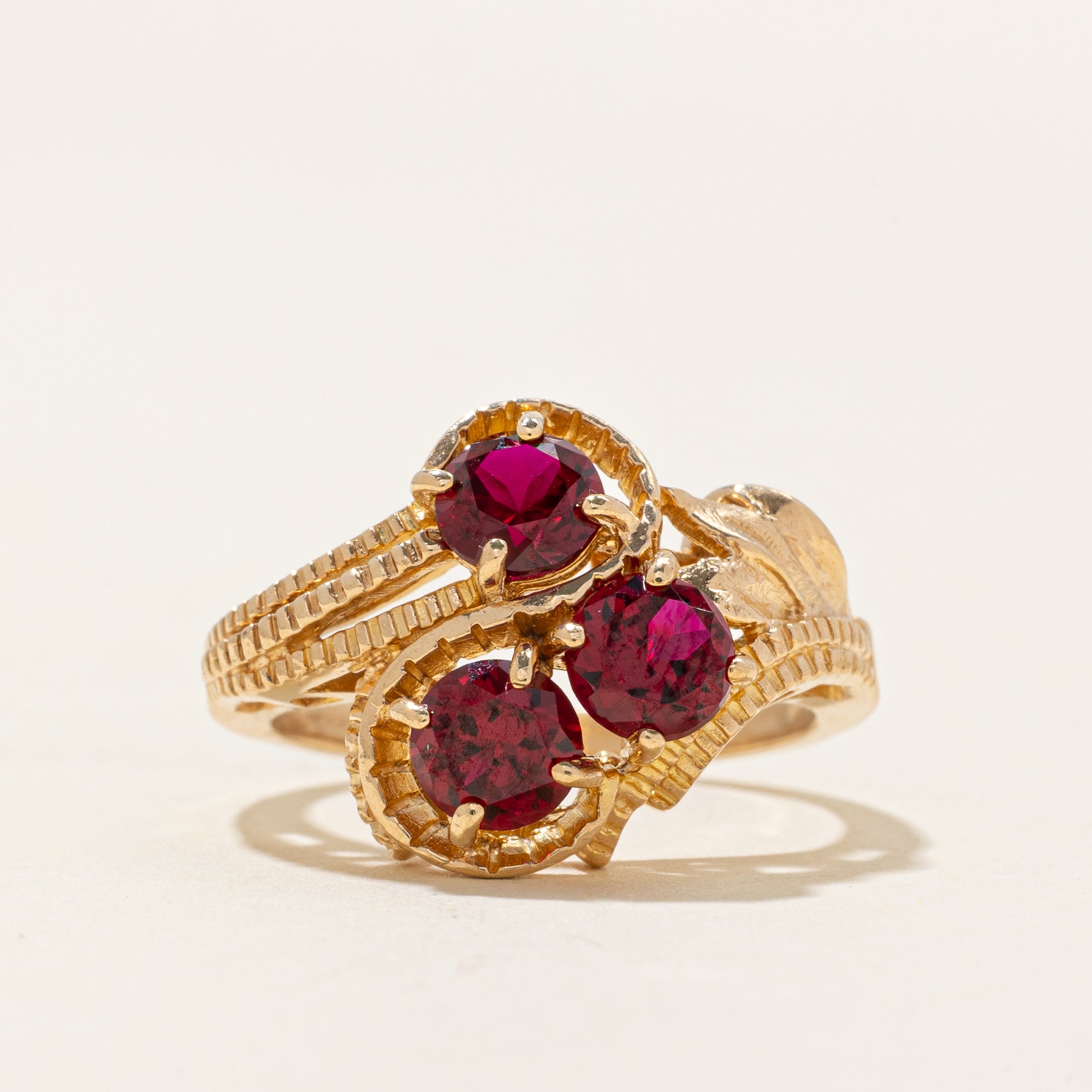 Three Stone Synthetic Ruby Ornate Bypass Ring | 1.80ctw | SZ 6.25