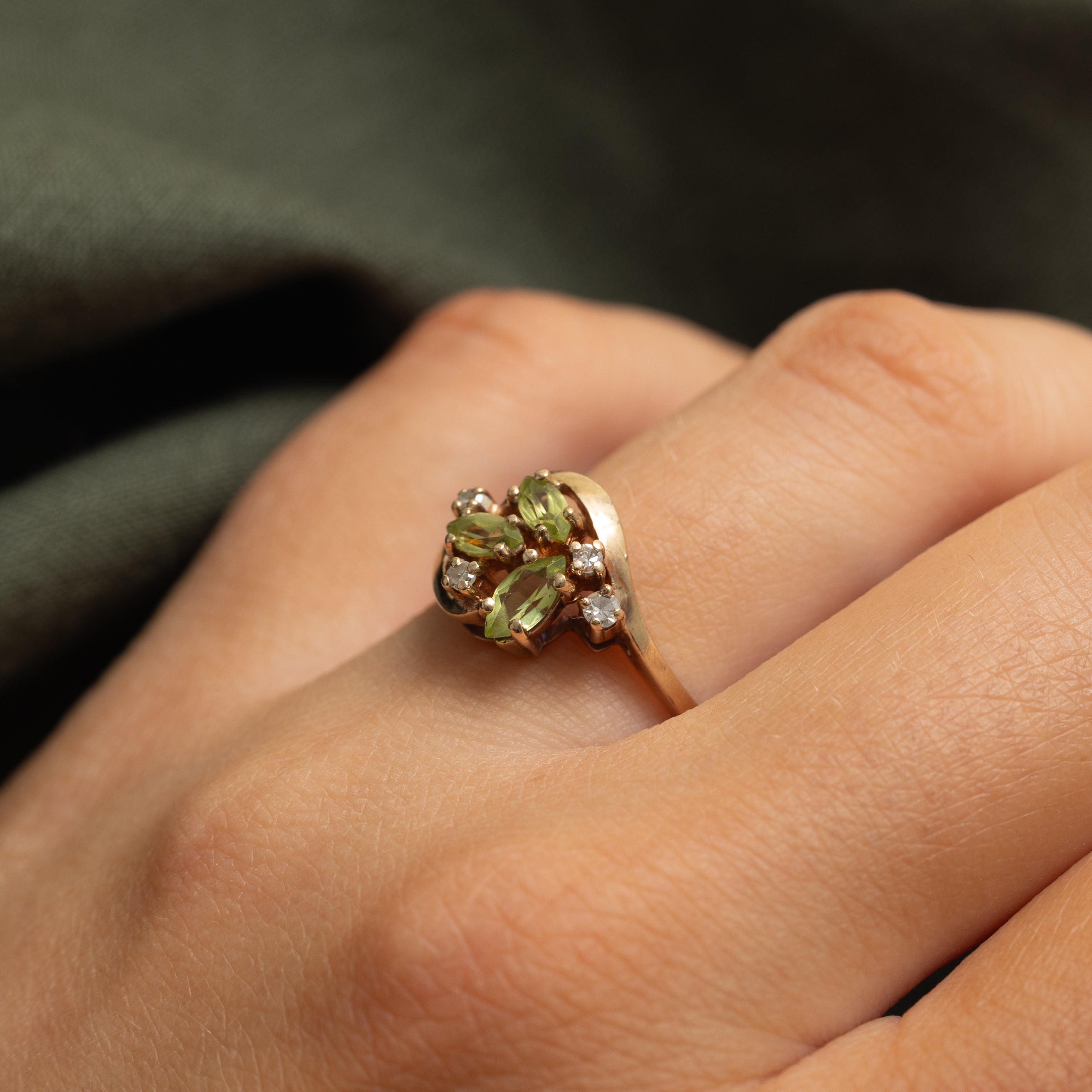 Peridot & Diamond Cluster Bypass Ring | 0.50ctw, 0.08ctw | SZ 7.5