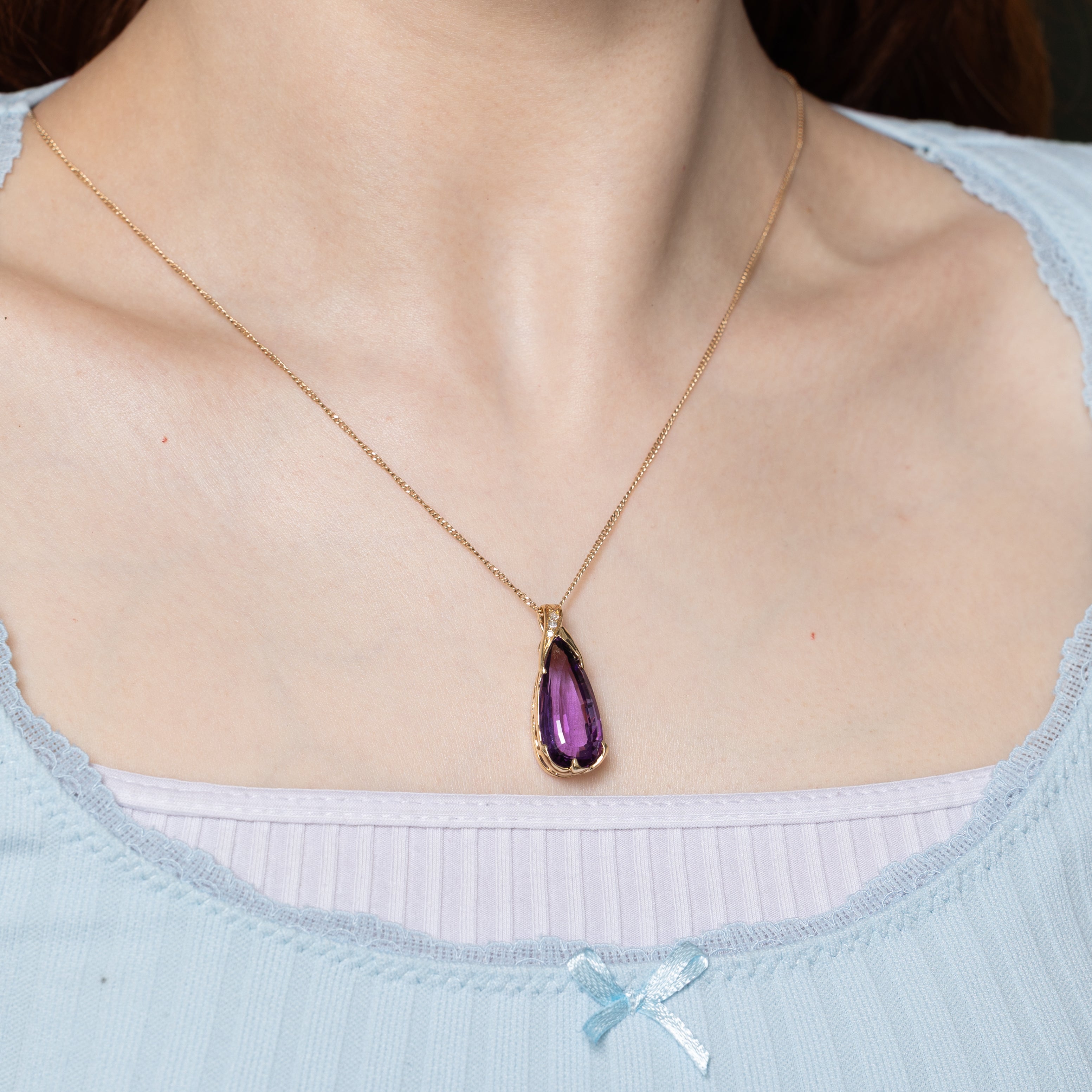 Pear Cut Amethyst & Diamond Large Pendant | 11.00ct, 0.04ctw
