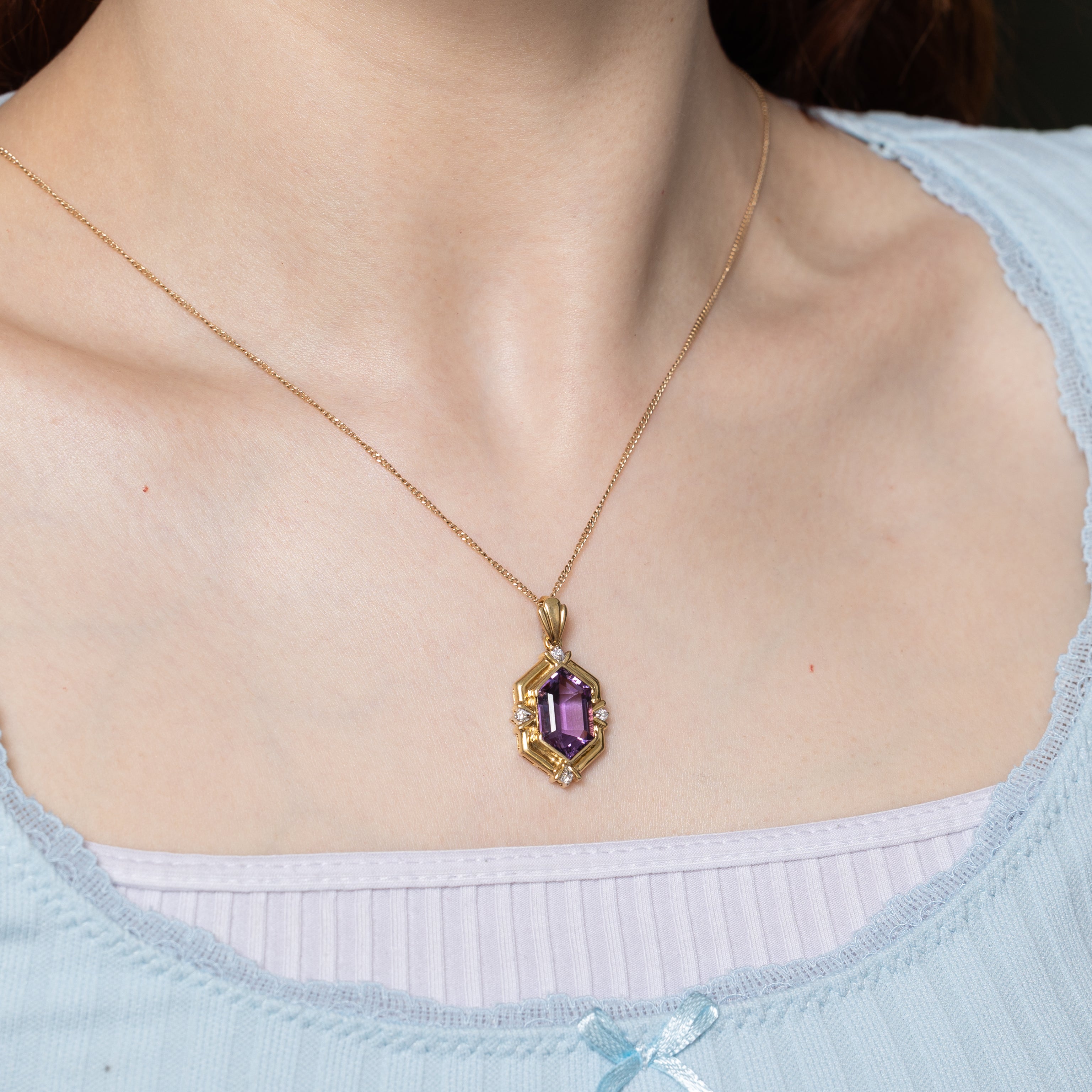 Amethyst & Diamond Grooved Stretched-Hexagon Pendant | 6.00ct, 0.08ctw