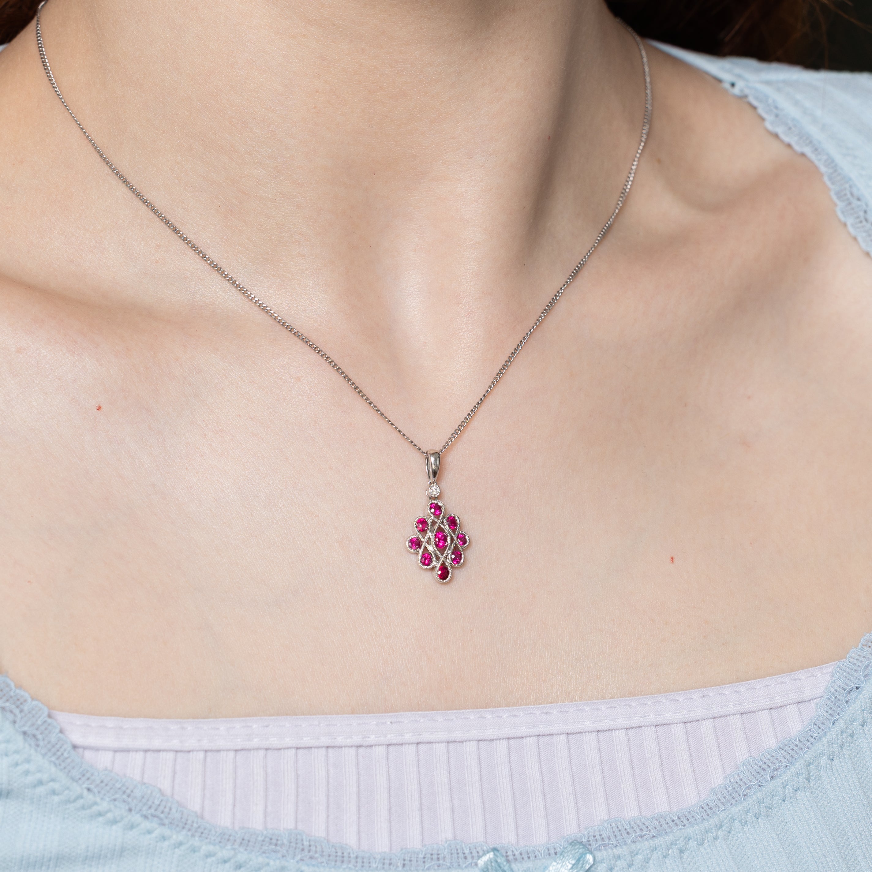Synthetic Ruby & Diamond Milgrained & Woven Pendant | 0.60ctw, 0.02ct