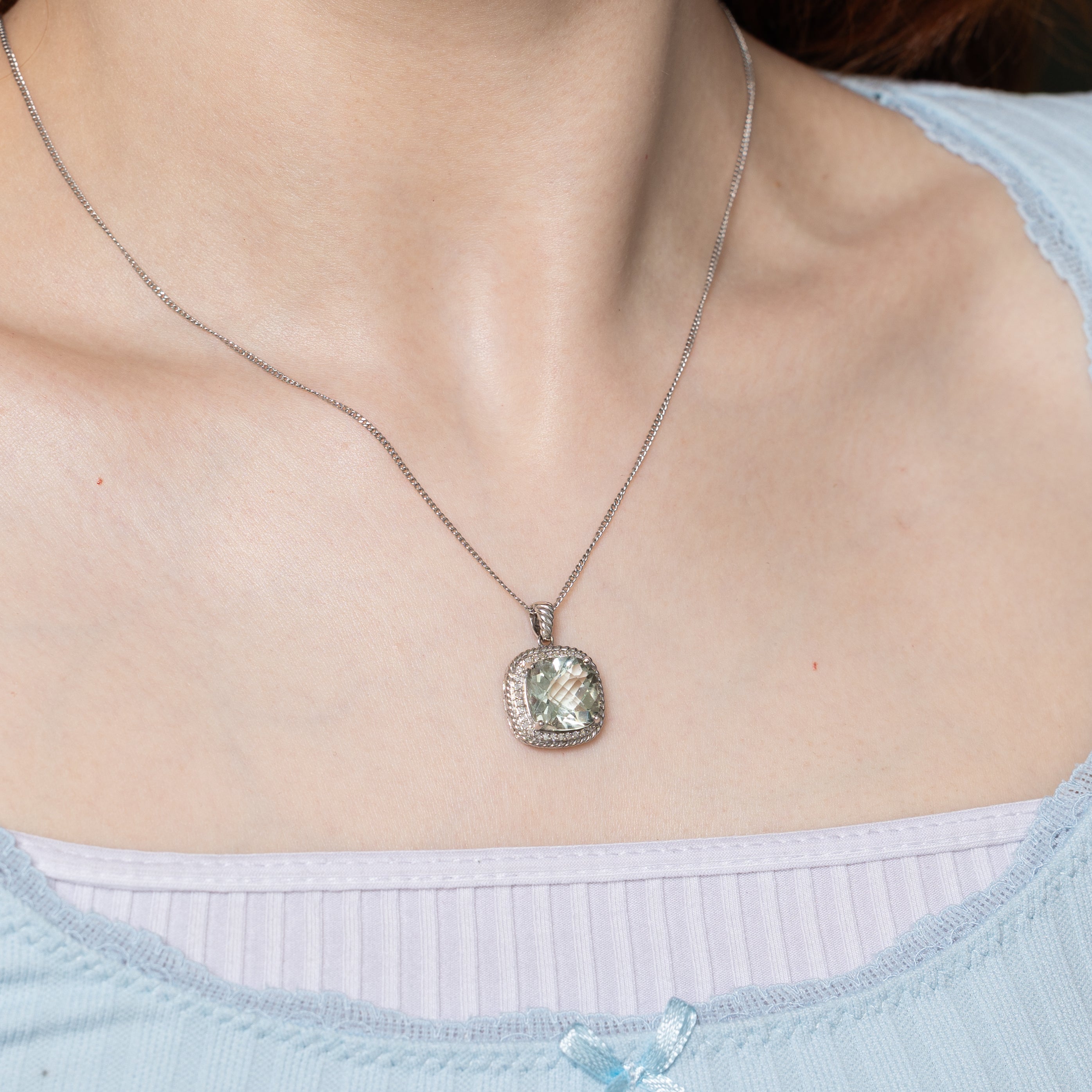 Cushion Cut Prasiolite & Diamond Halo Pendant | 8.00ct, 0.18ctw