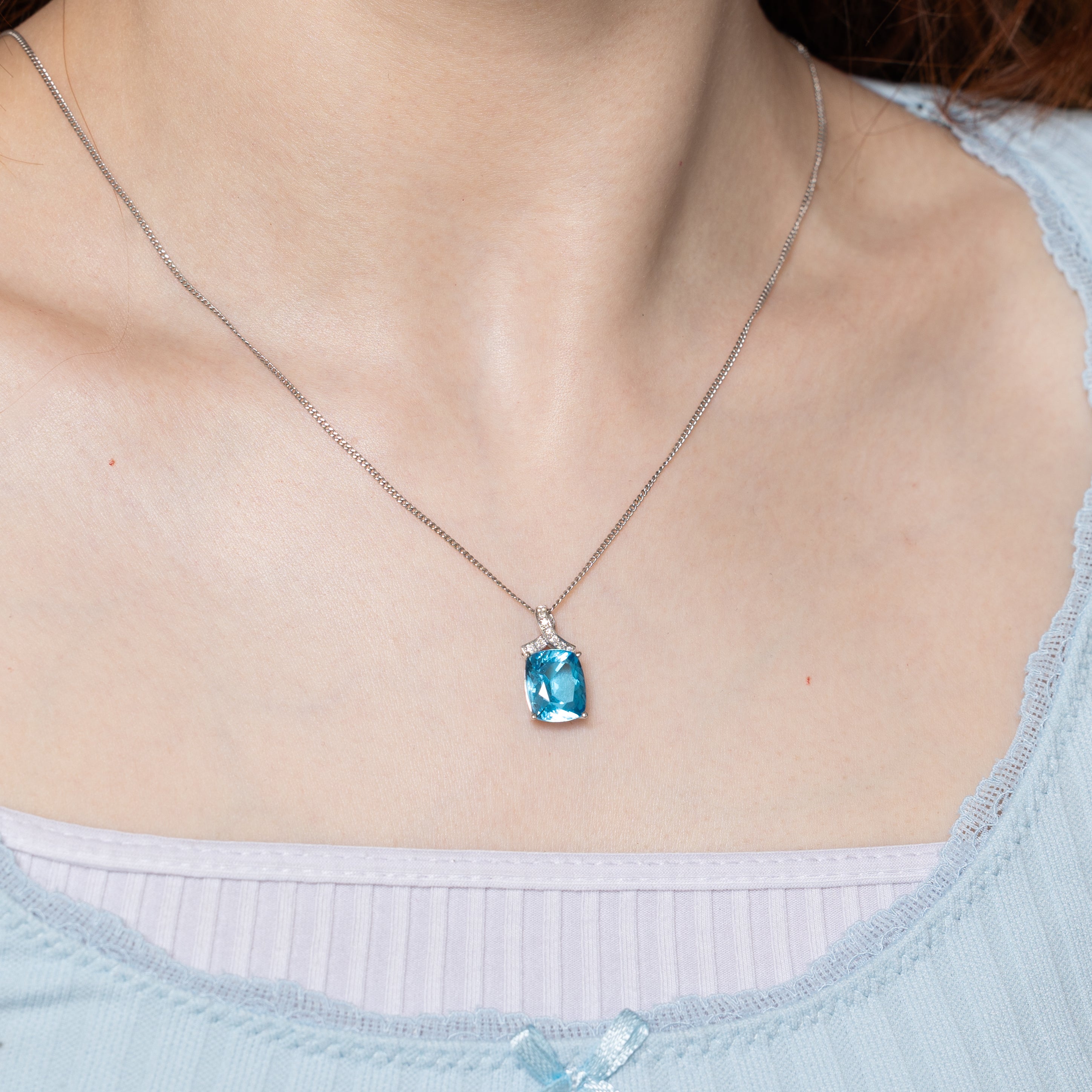 Cushion Cut Blue Topaz & Diamond Pendant | 8.50ct, 0.12ctw
