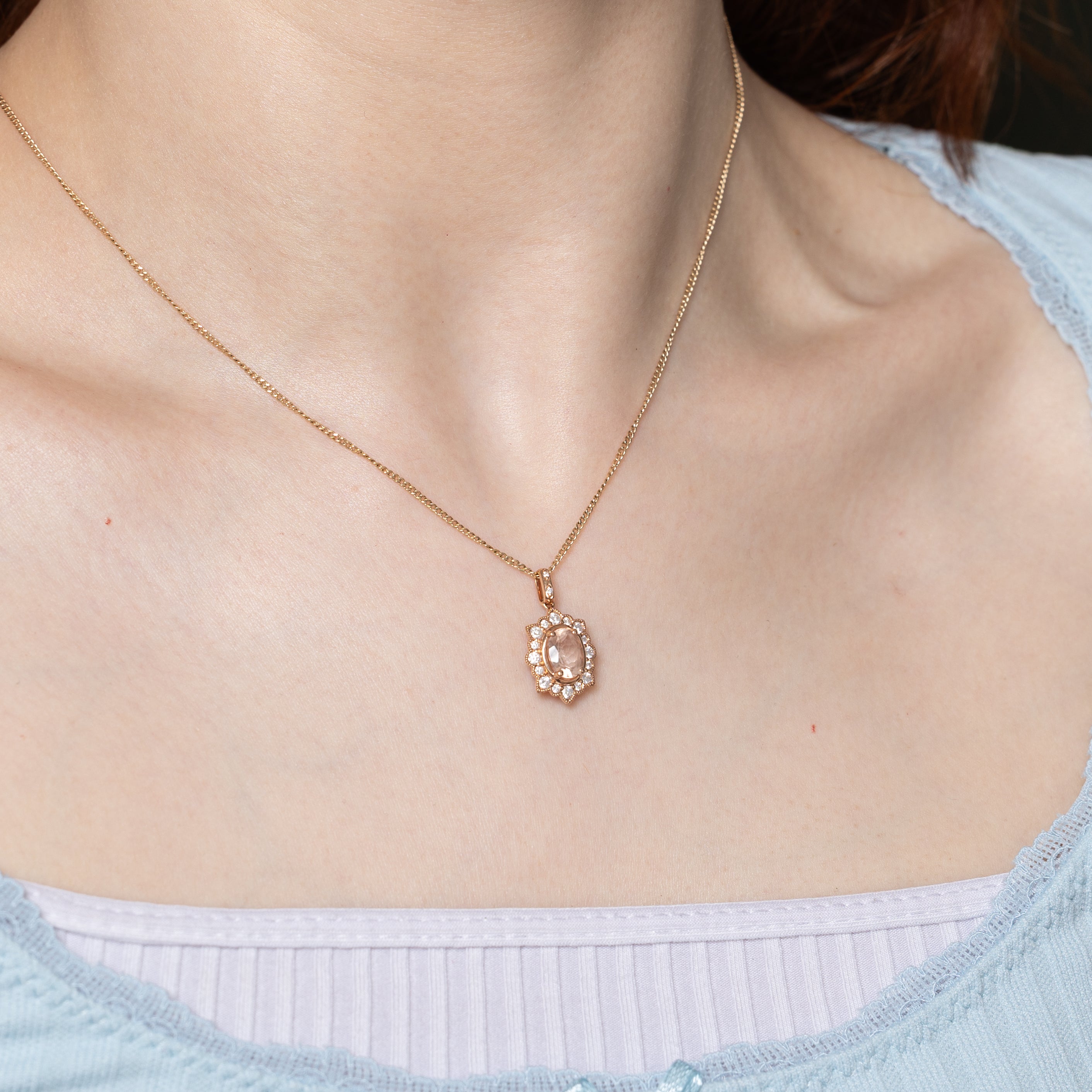 Morganite & Diamond Halo Milgrained Pendant | 0.70ct, 0.25ctw