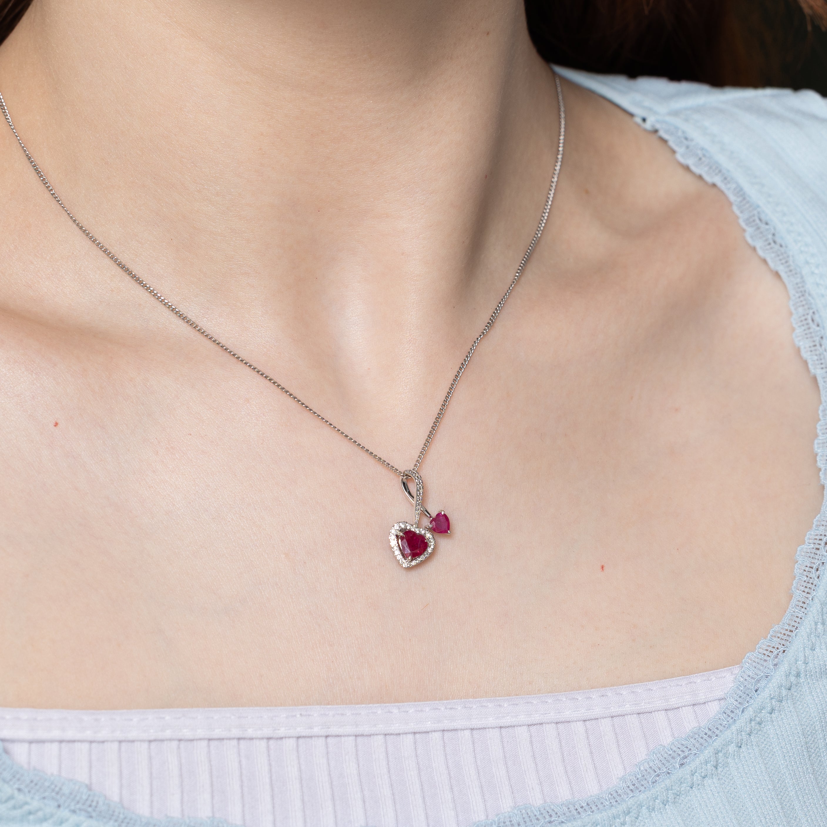 18k Heart Cut Ruby & Diamond Halo Pendant | 1.20ctw, 0.19ctw